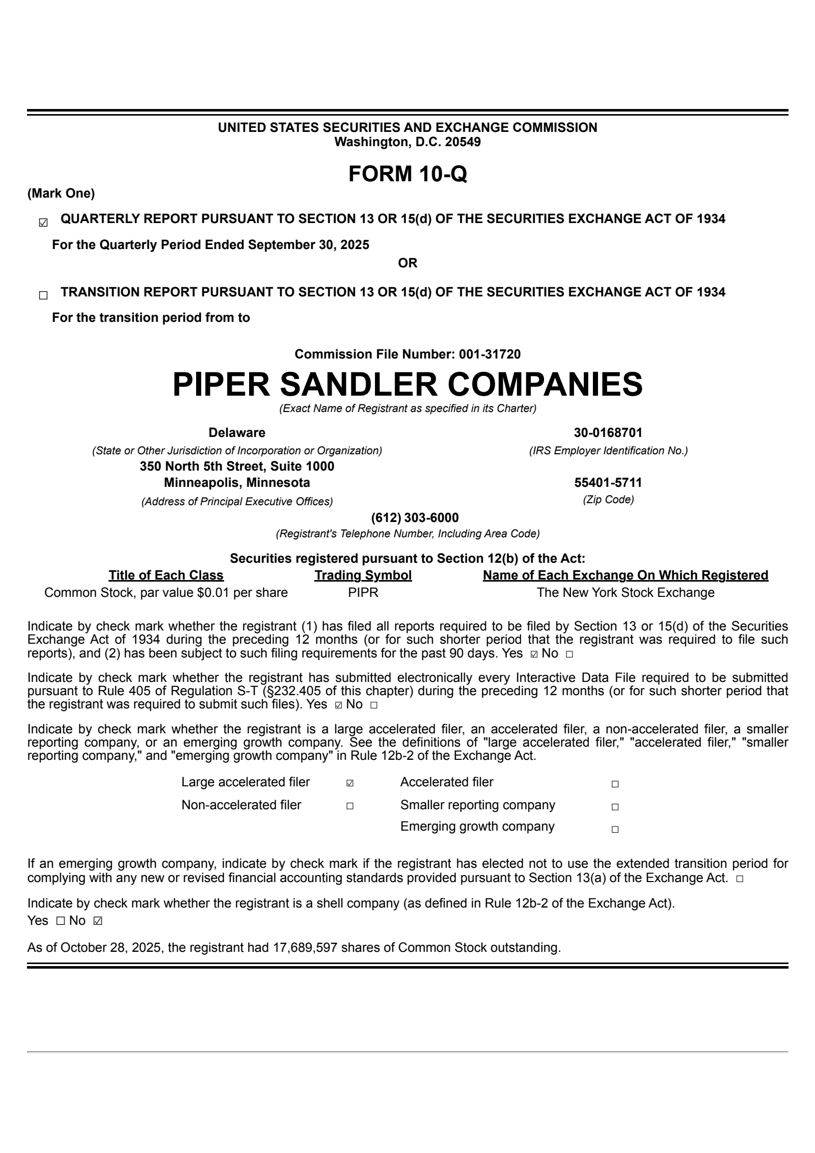 Piper Sandler Companies' Q3 2025 Quarterly Report