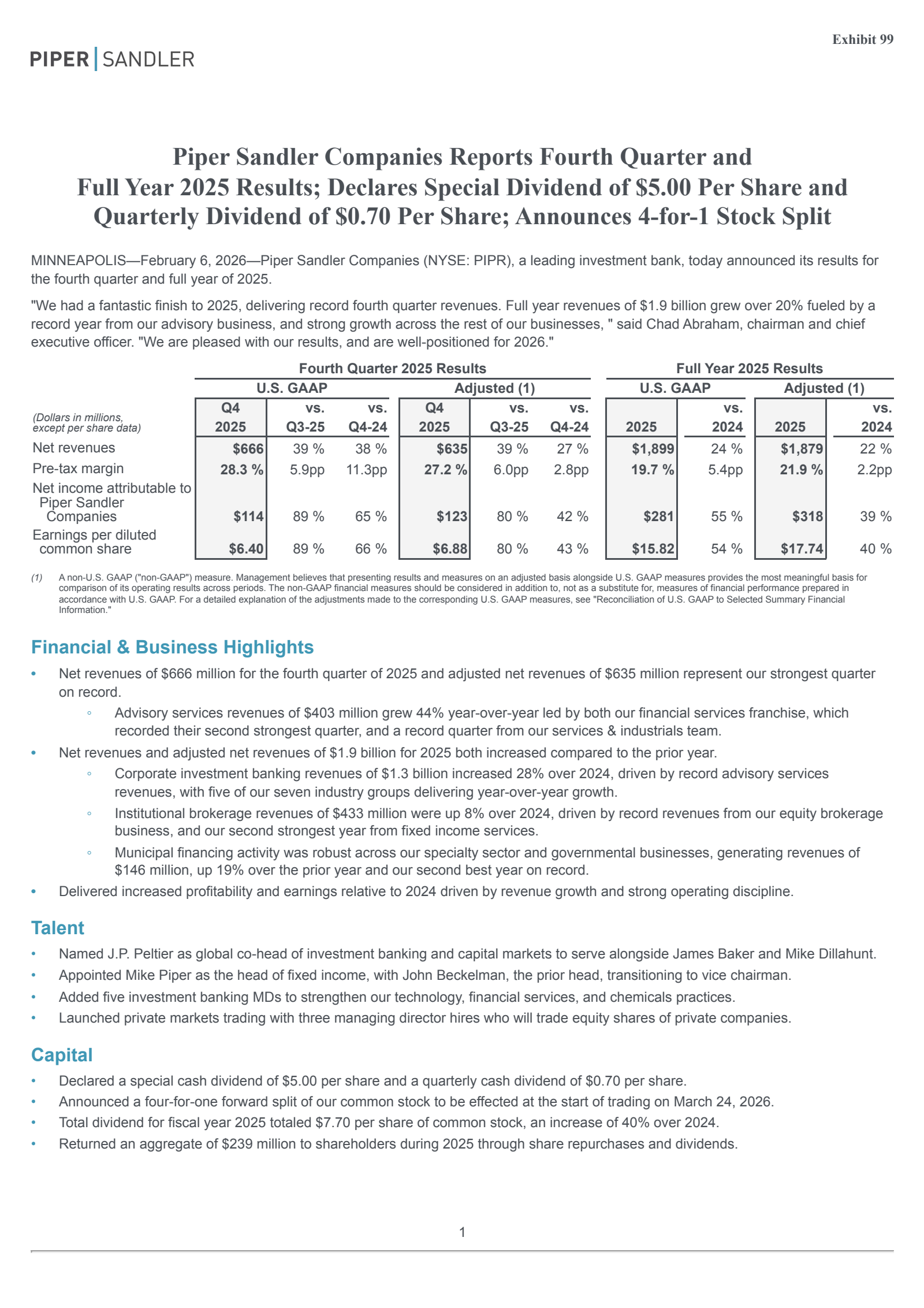 Piper Sandler Companies' Q4 2025 Press Release