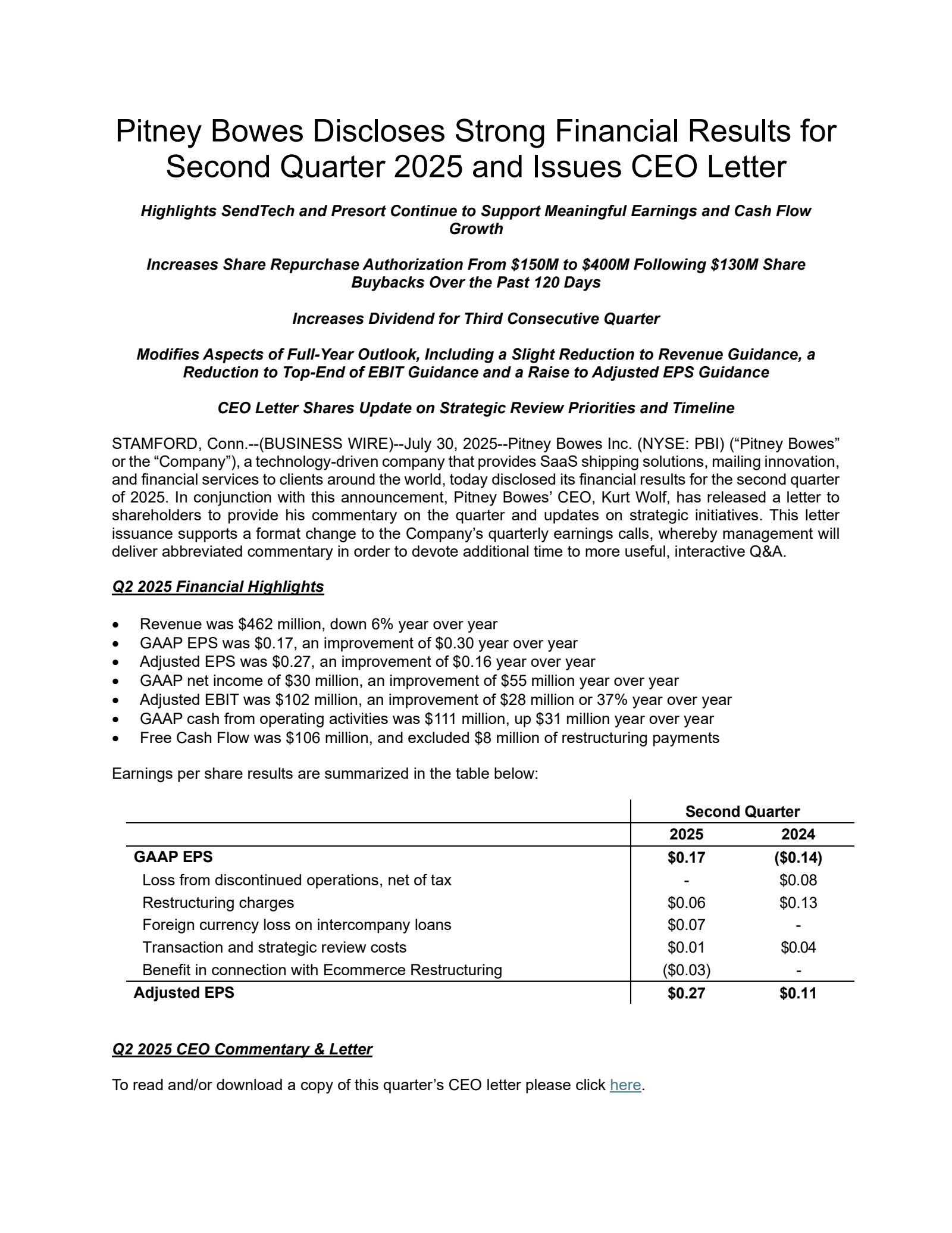 Pitney Bowes' Q2 2025 Press Release