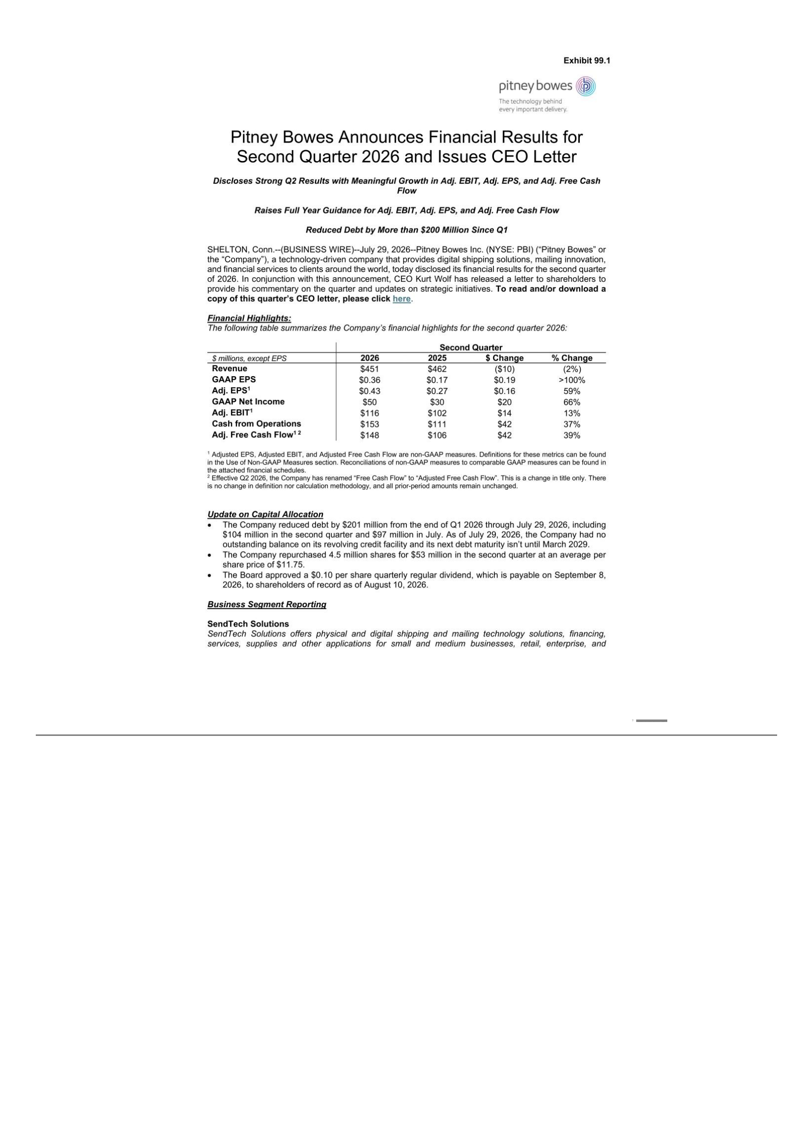 Pitney Bowes' Q2 2026 Press Release