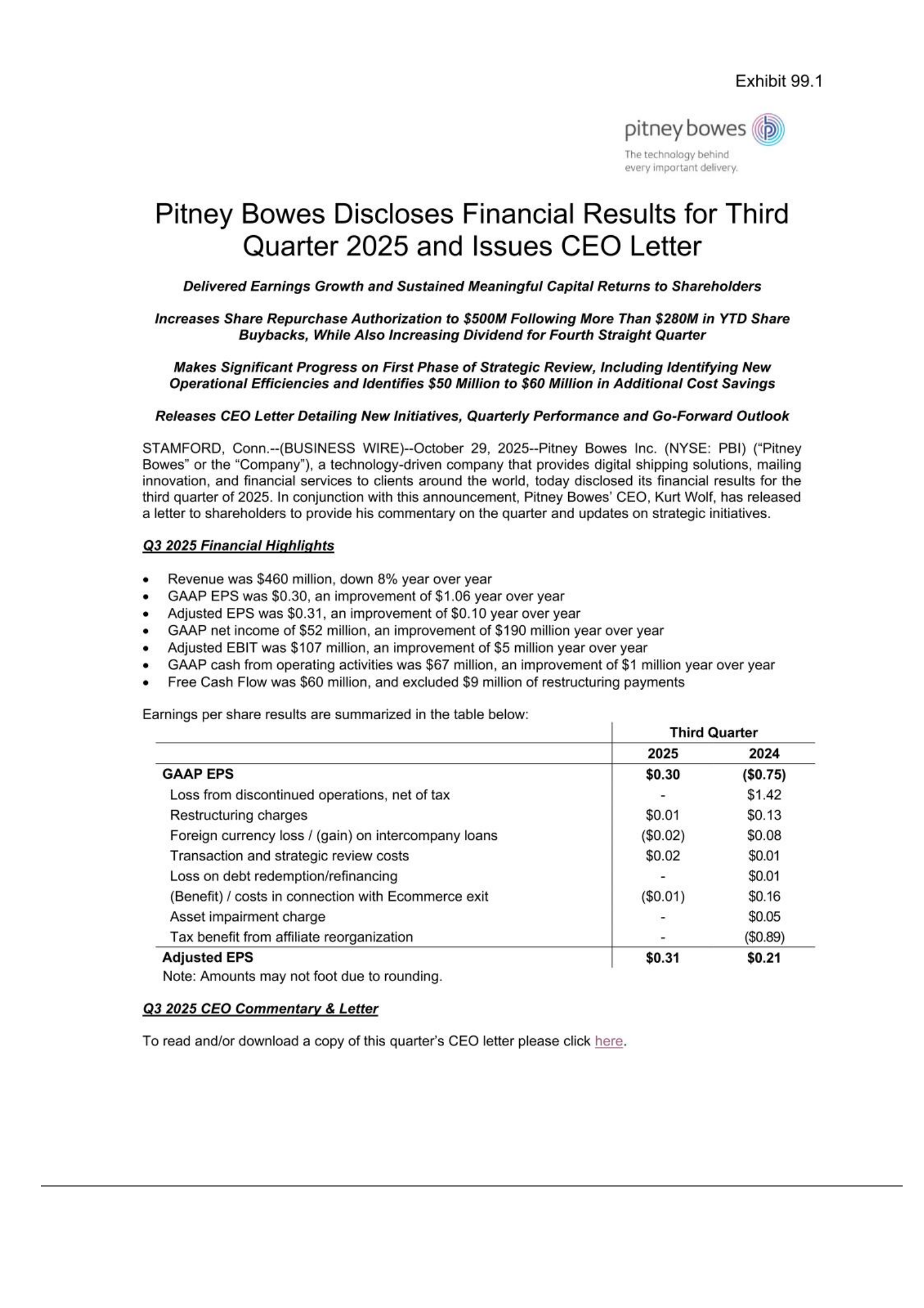 Pitney Bowes' Q3 2025 Earnings Release