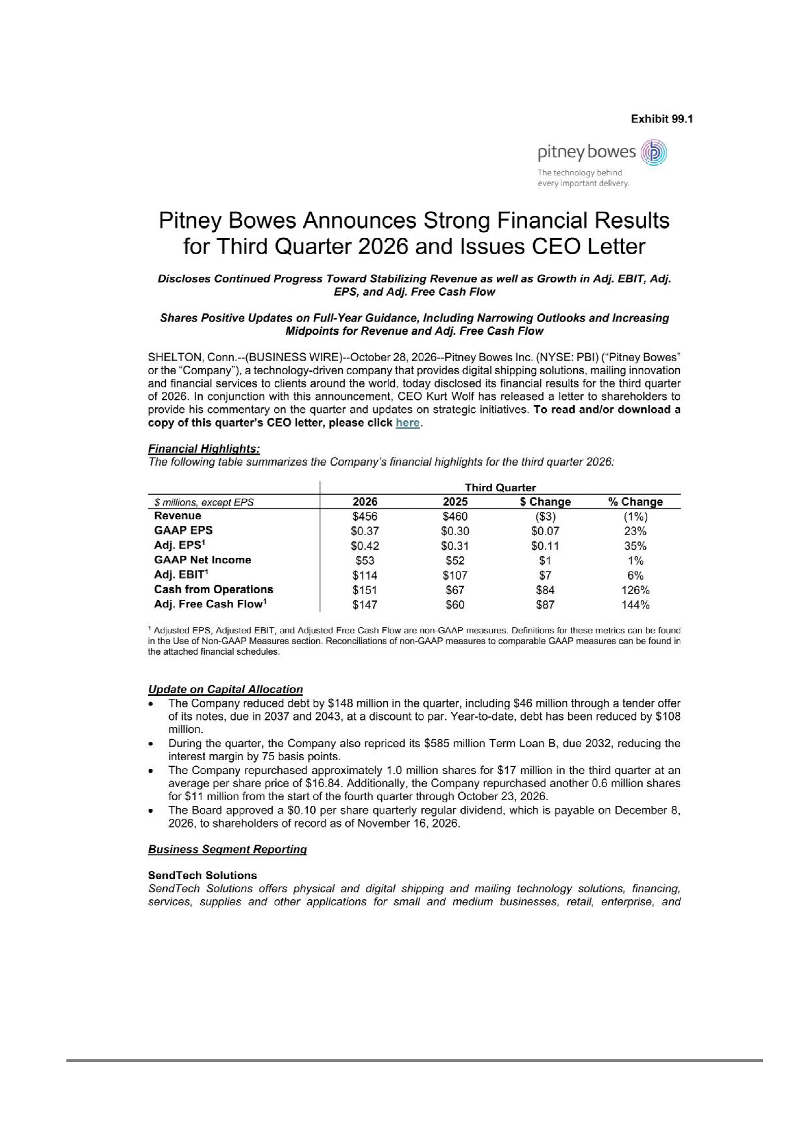 Pitney Bowes' Q3 2026 Press Release