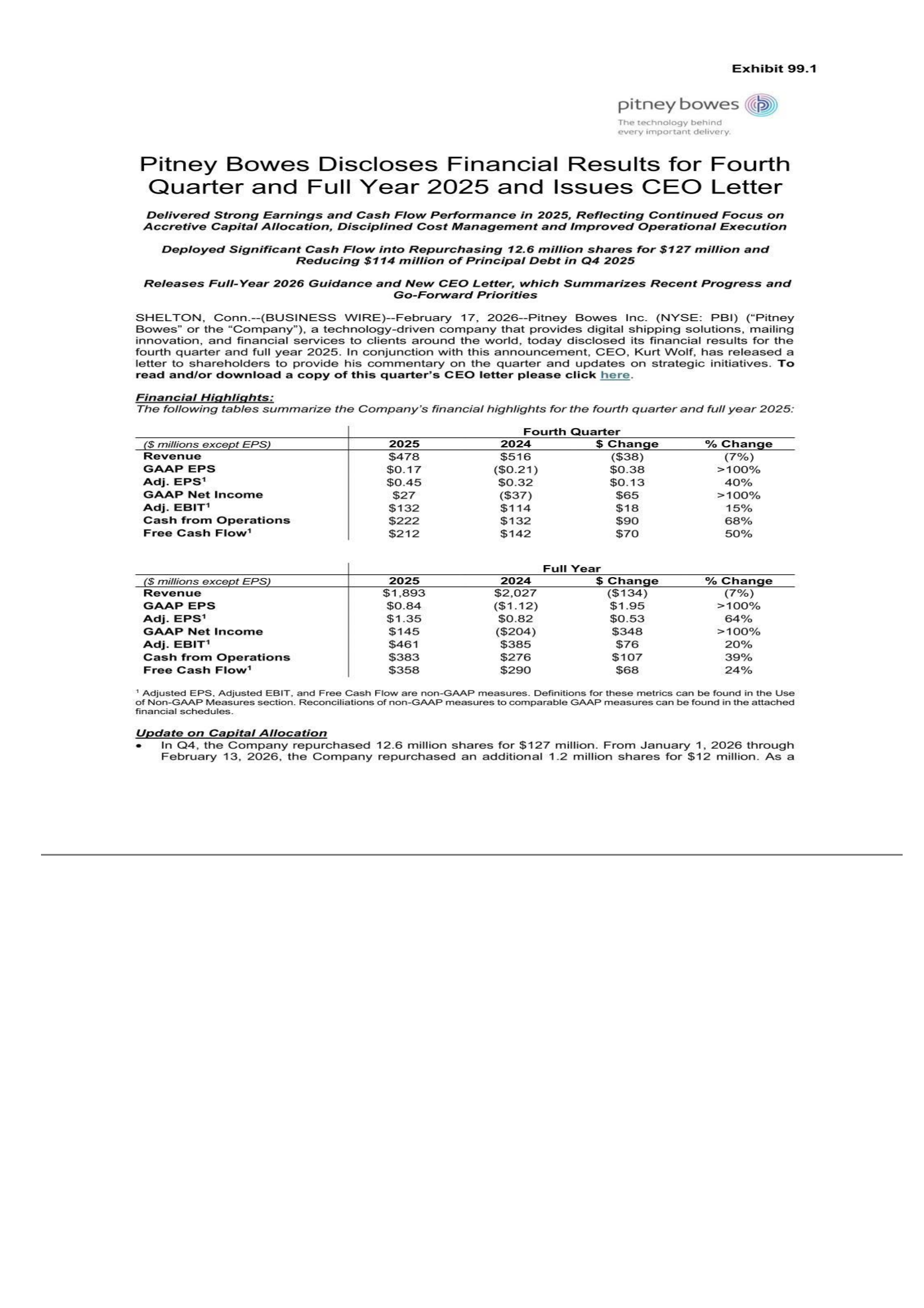 Pitney Bowes' Q4 2025 Press Release