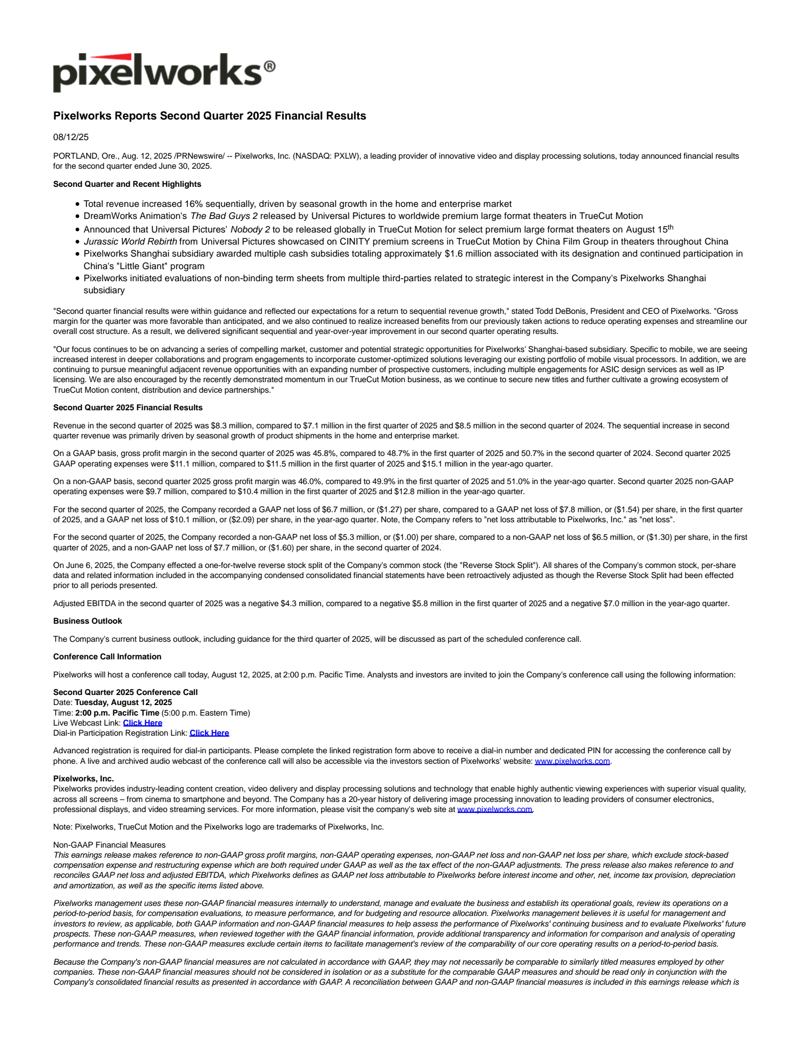 Pixelworks' Q2 2025 Press Release
