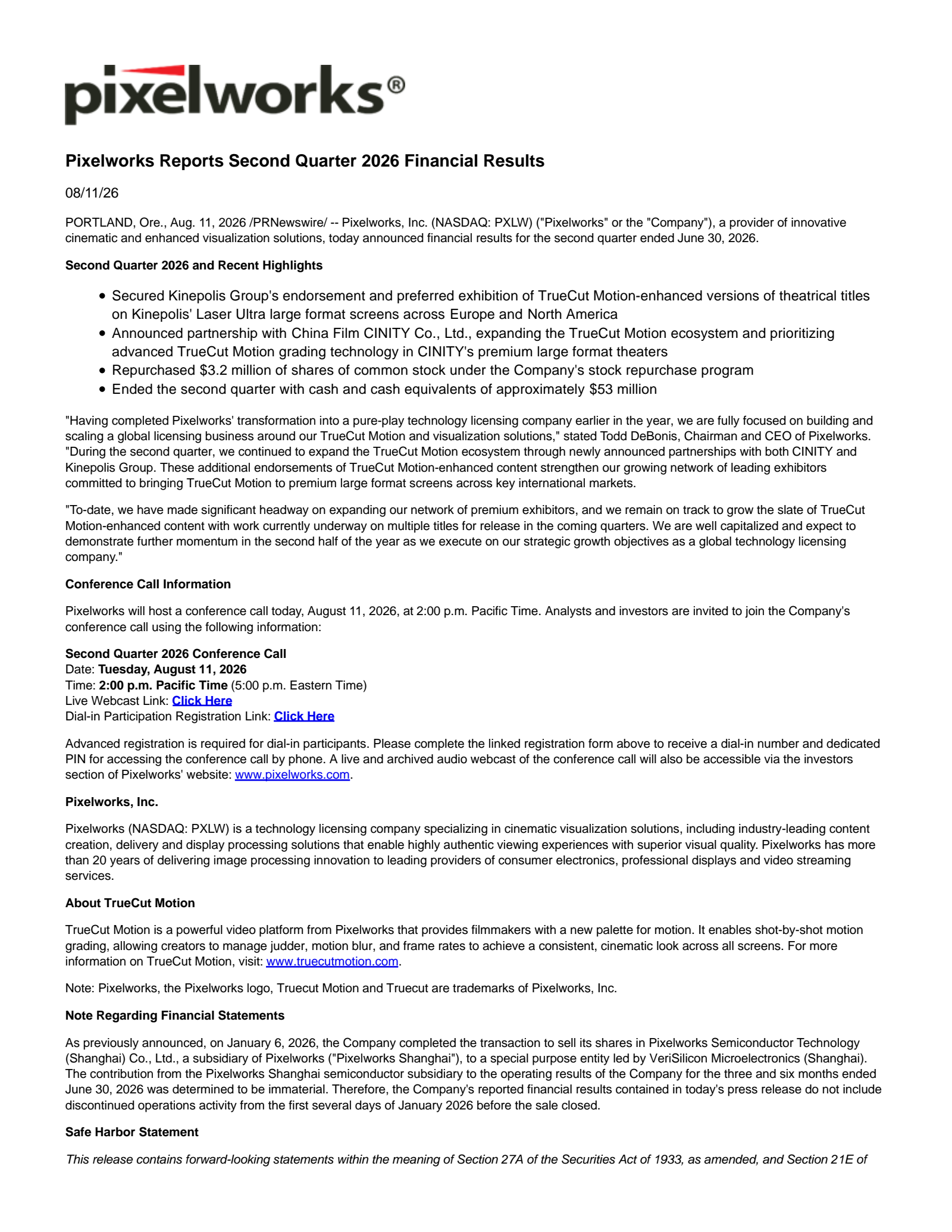 Pixelworks' Q2 2026 Press Release