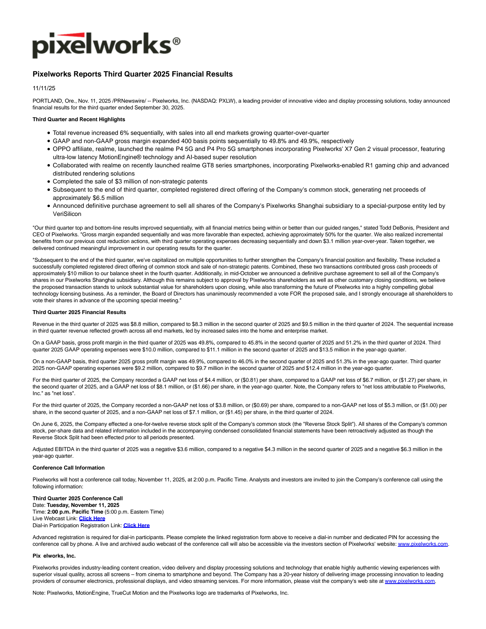 Pixelworks' Q3 2025 Earnings Release