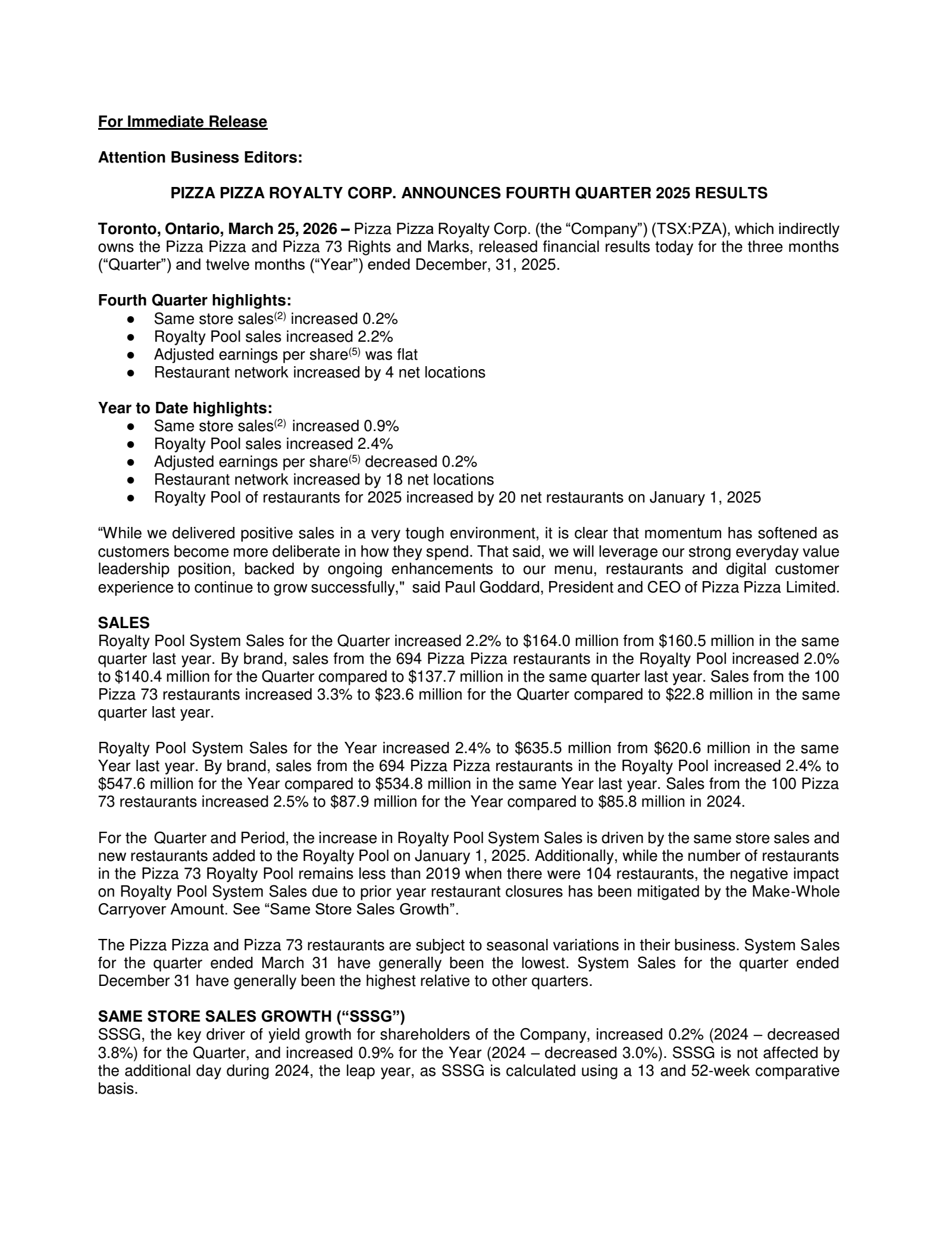 Pizza Pizza Royalty's Q4 2025 Press Release
