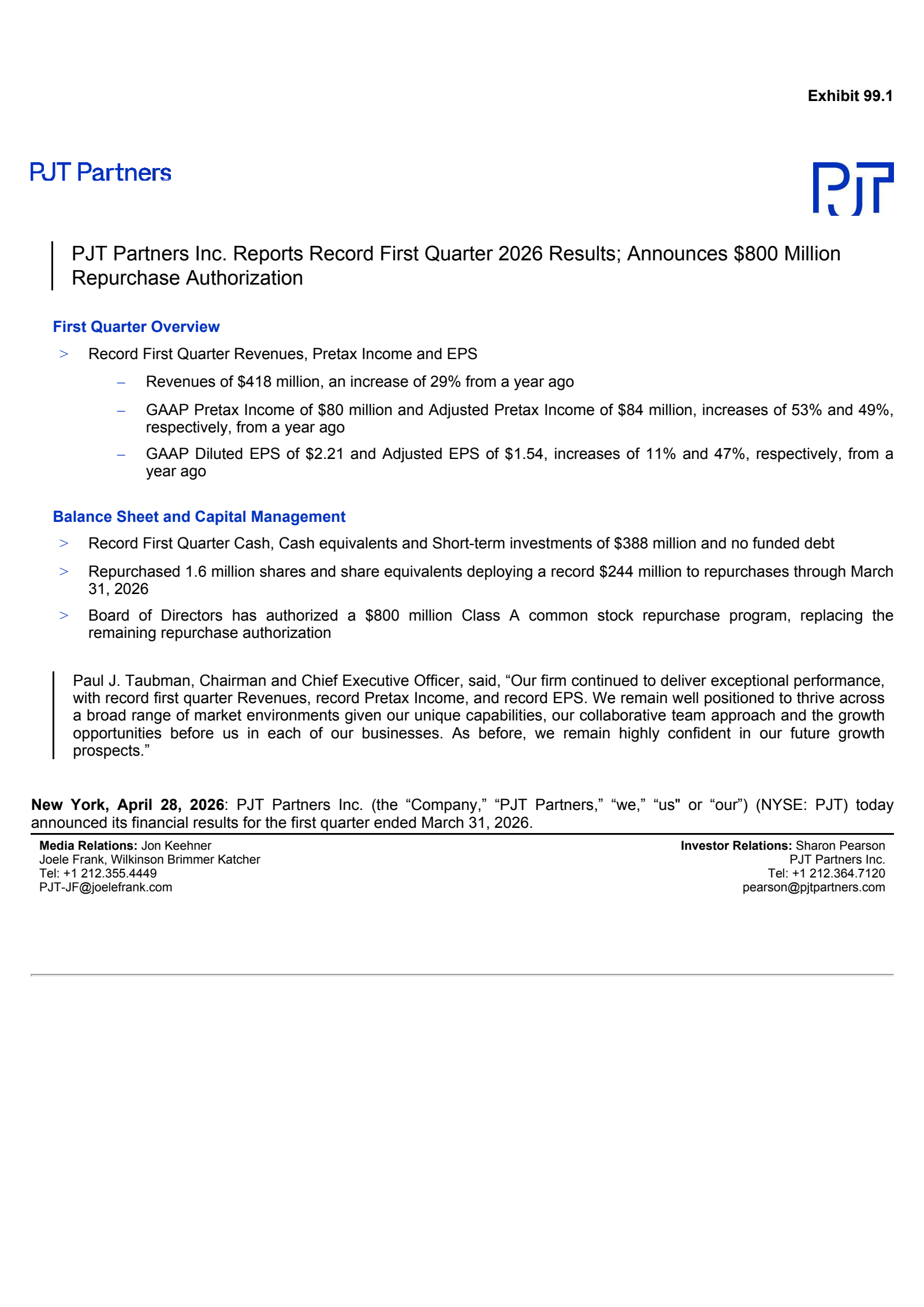 PJT Partners' Q1 2026 Press Release