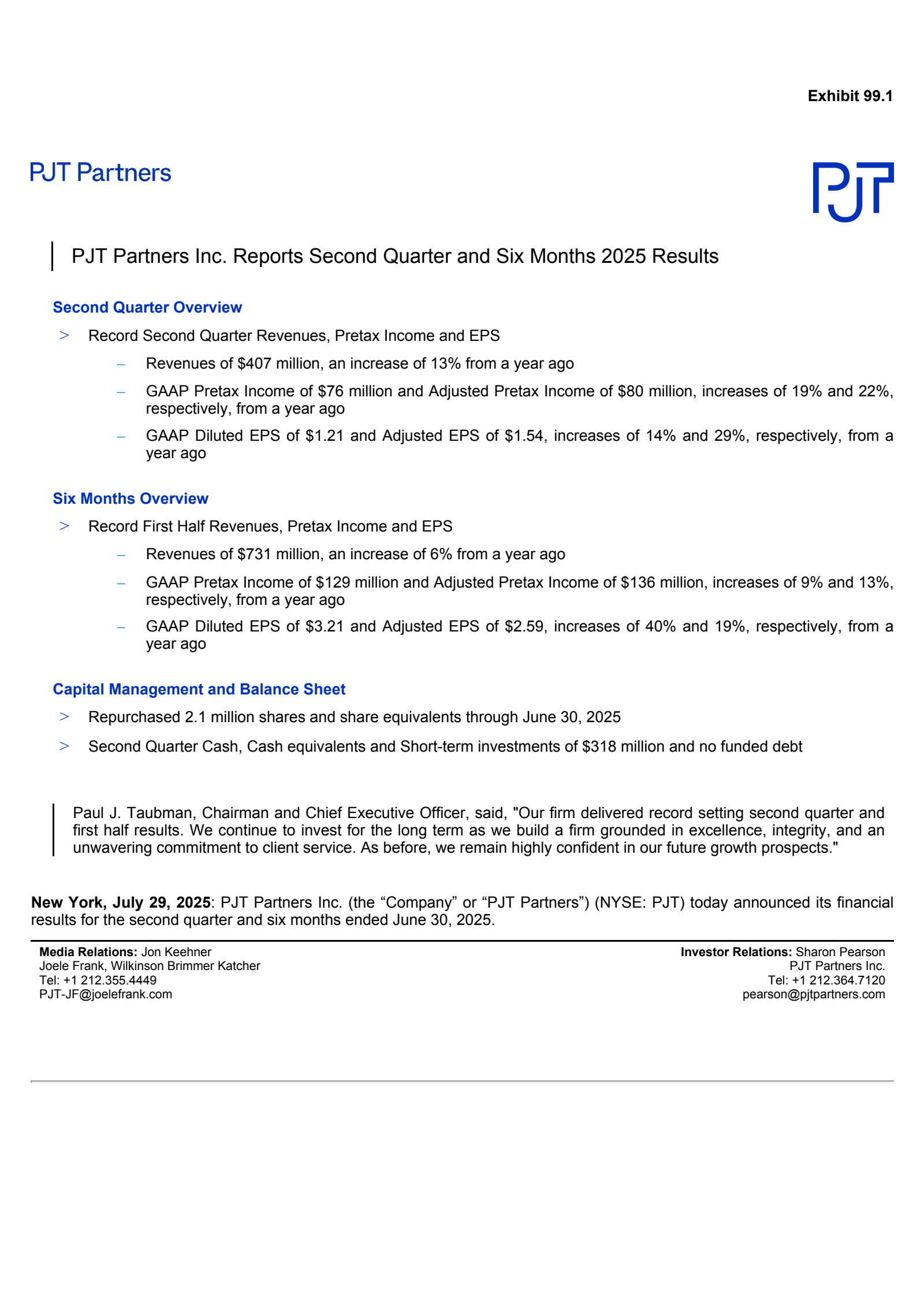 PJT Partners' Q2 2025 Press Release