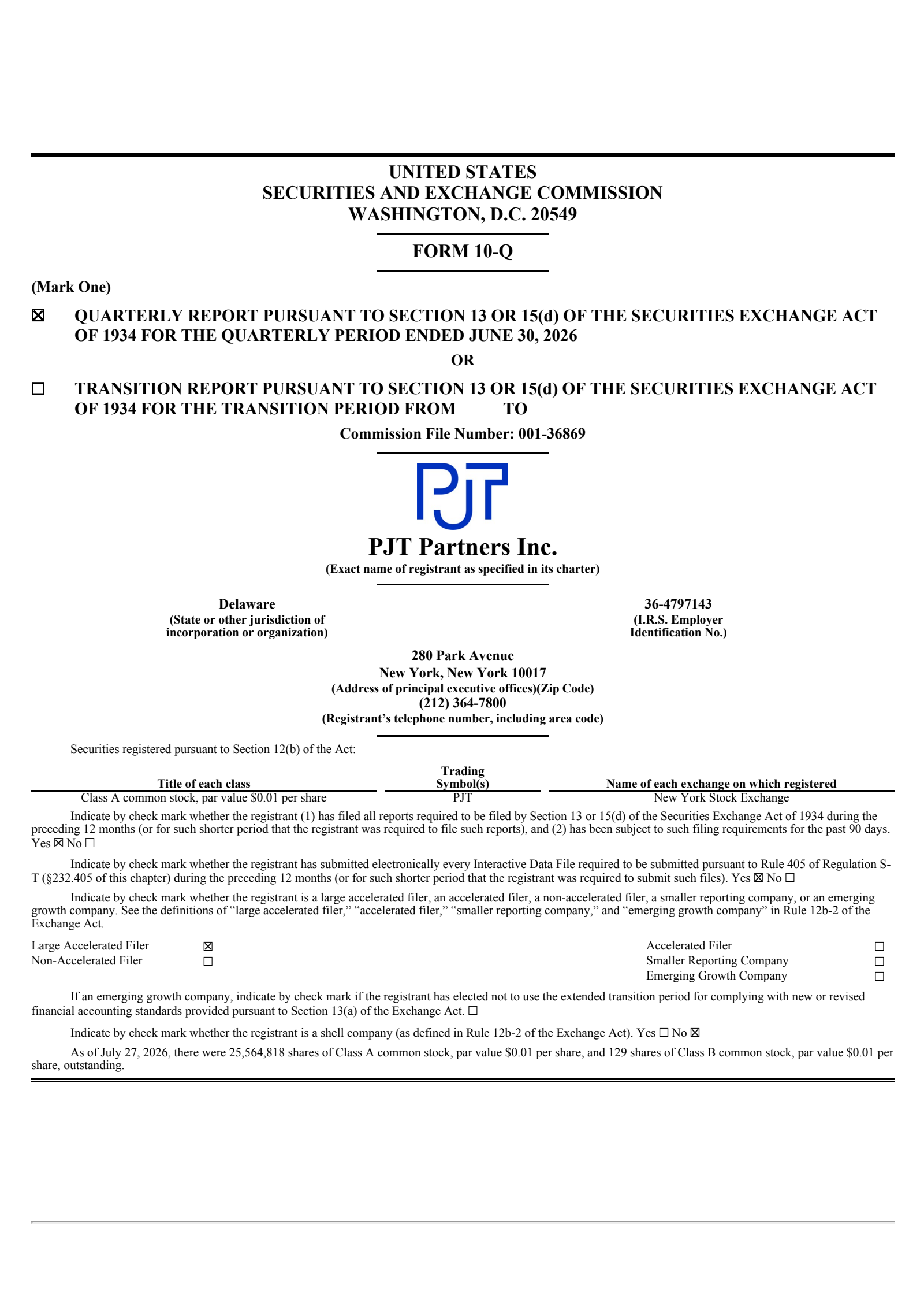 PJT Partners' Q2 2026 Quarterly report