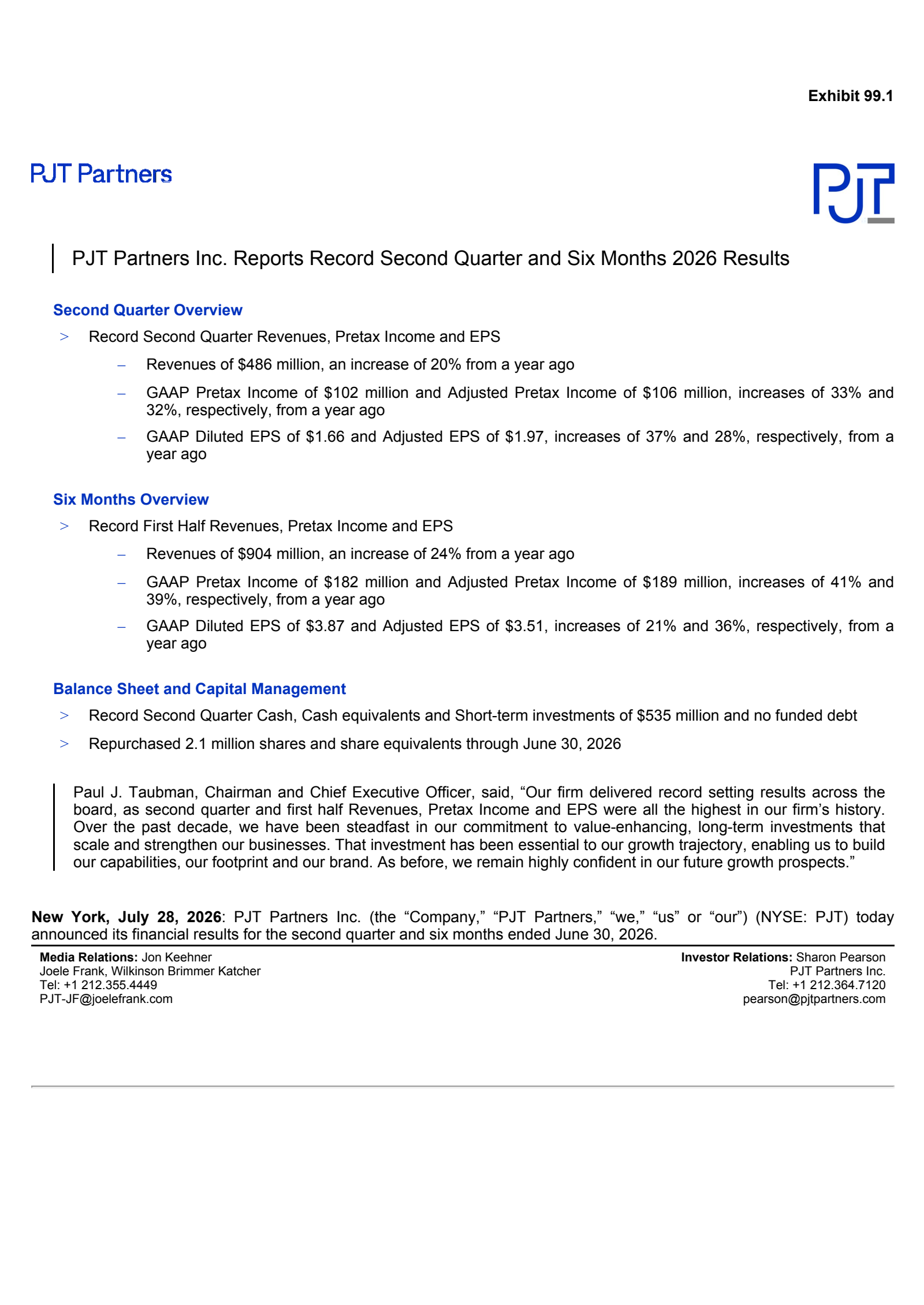 PJT Partners' Q2 2026 Press Release
