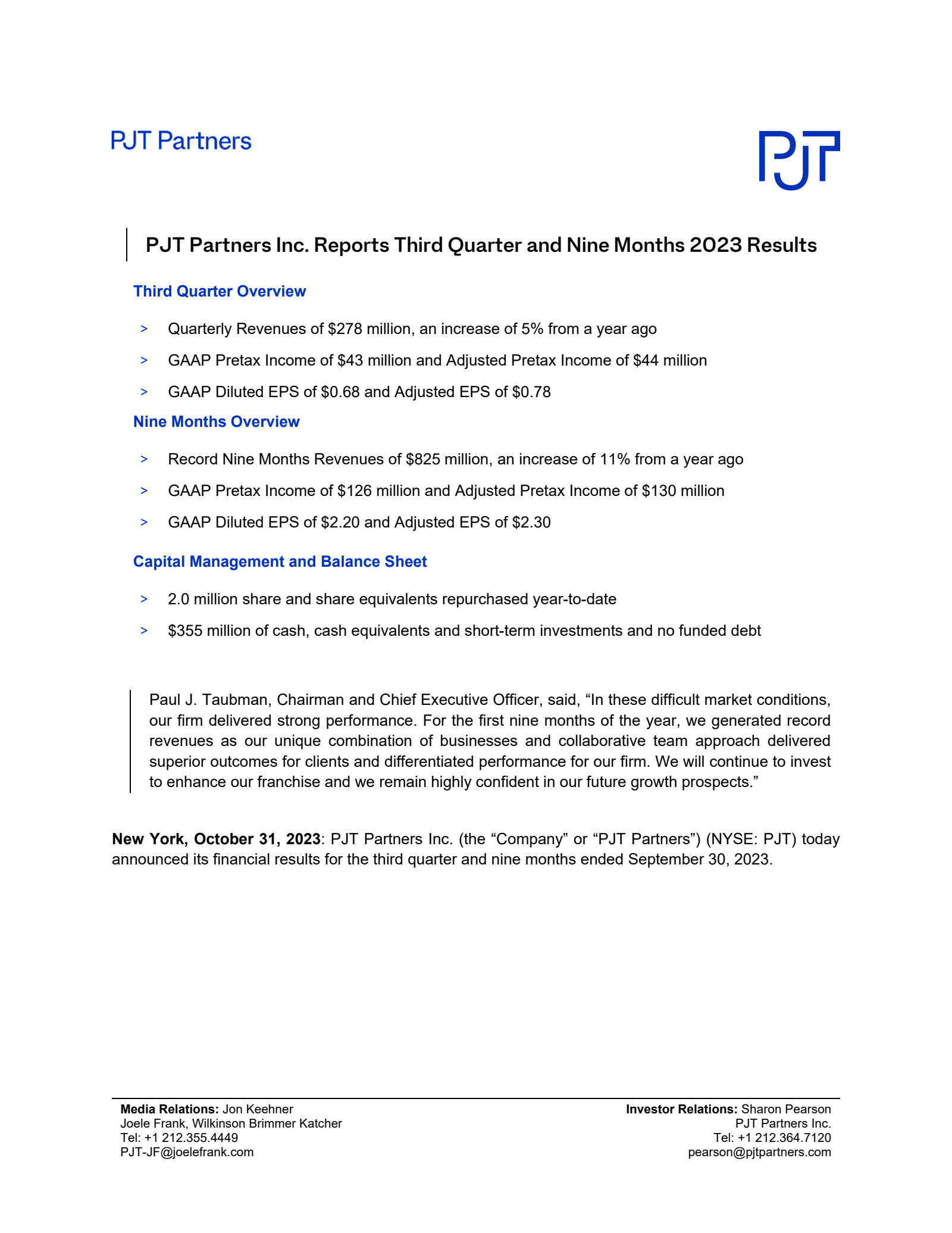 PJT Partners' Q3 2023 Press Release