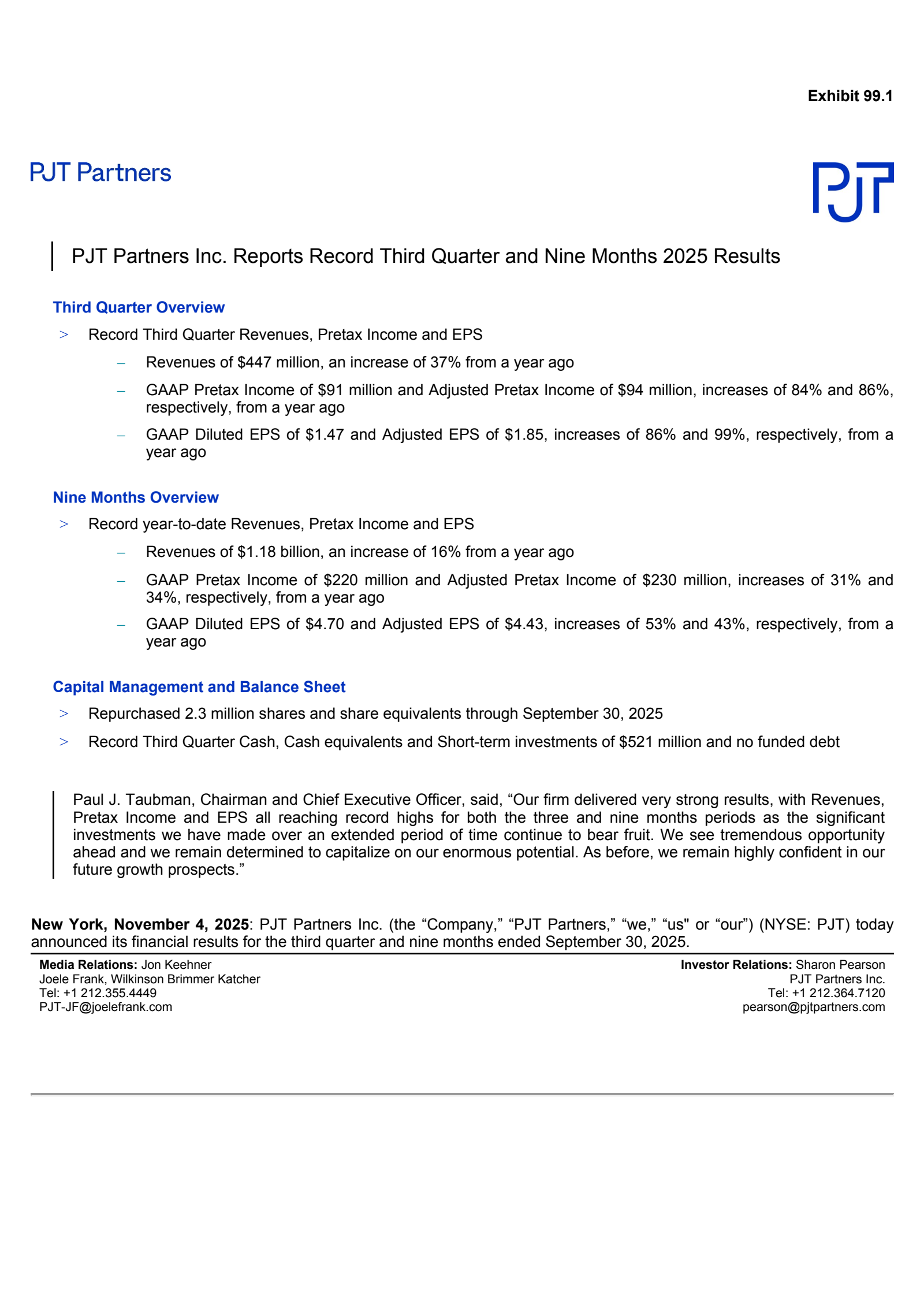 PJT Partners' Q3 2025 Earnings Release