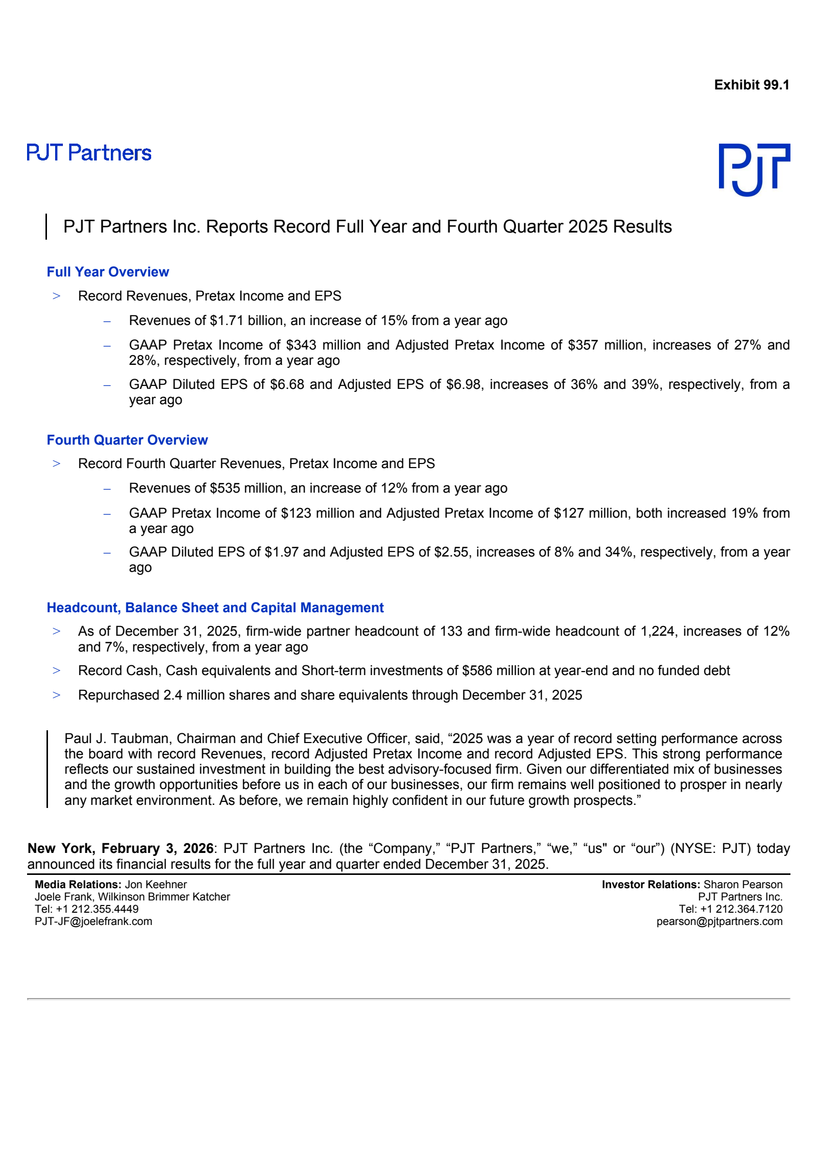 PJT Partners' Q4 2025 Press Release