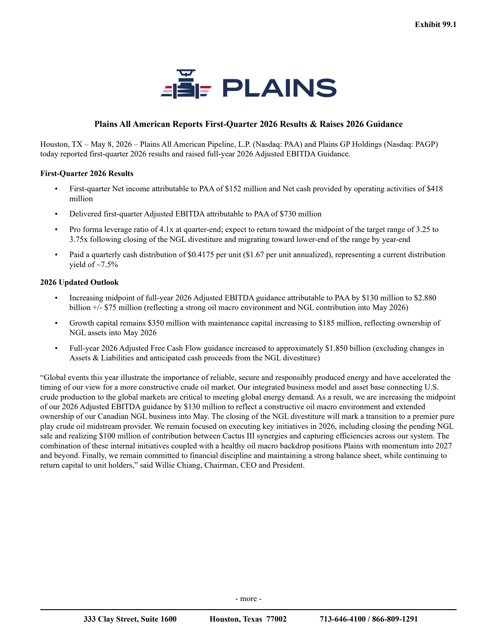 Plains All American Pipeline's Q1 2026 Press Release
