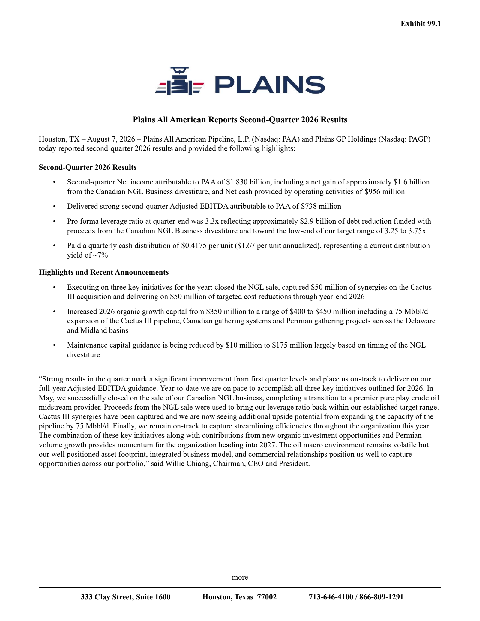 Plains All American Pipeline's Q2 2026 Press Release