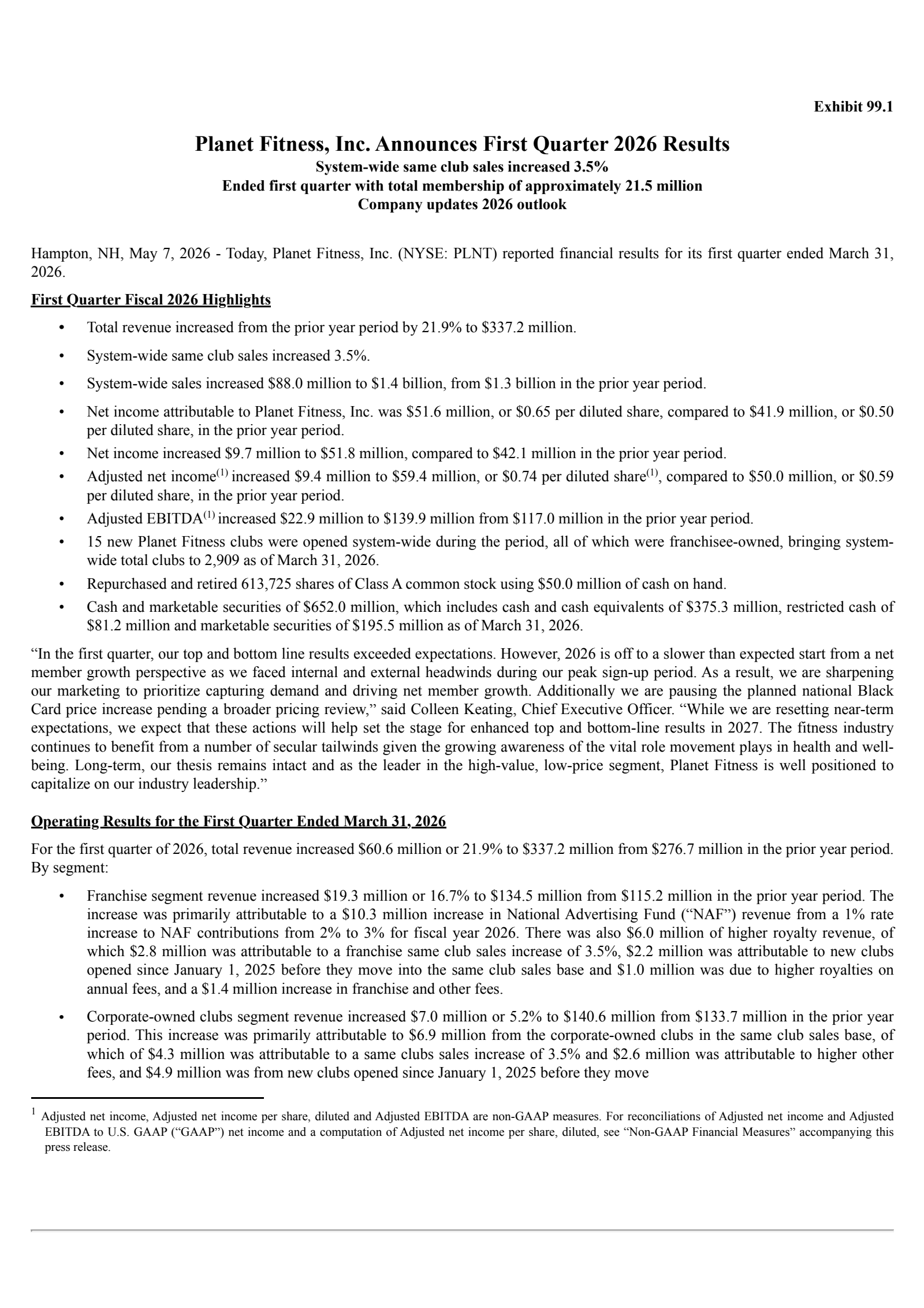 Planet Fitness' Q1 2026 Press Release