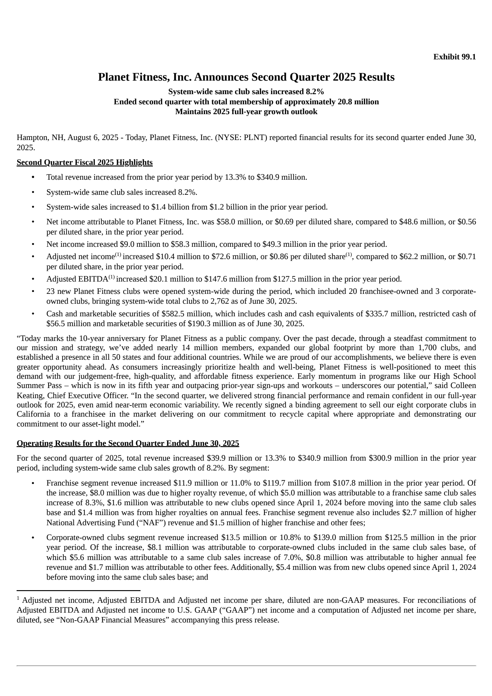Planet Fitness' Q2 2025 Press Release