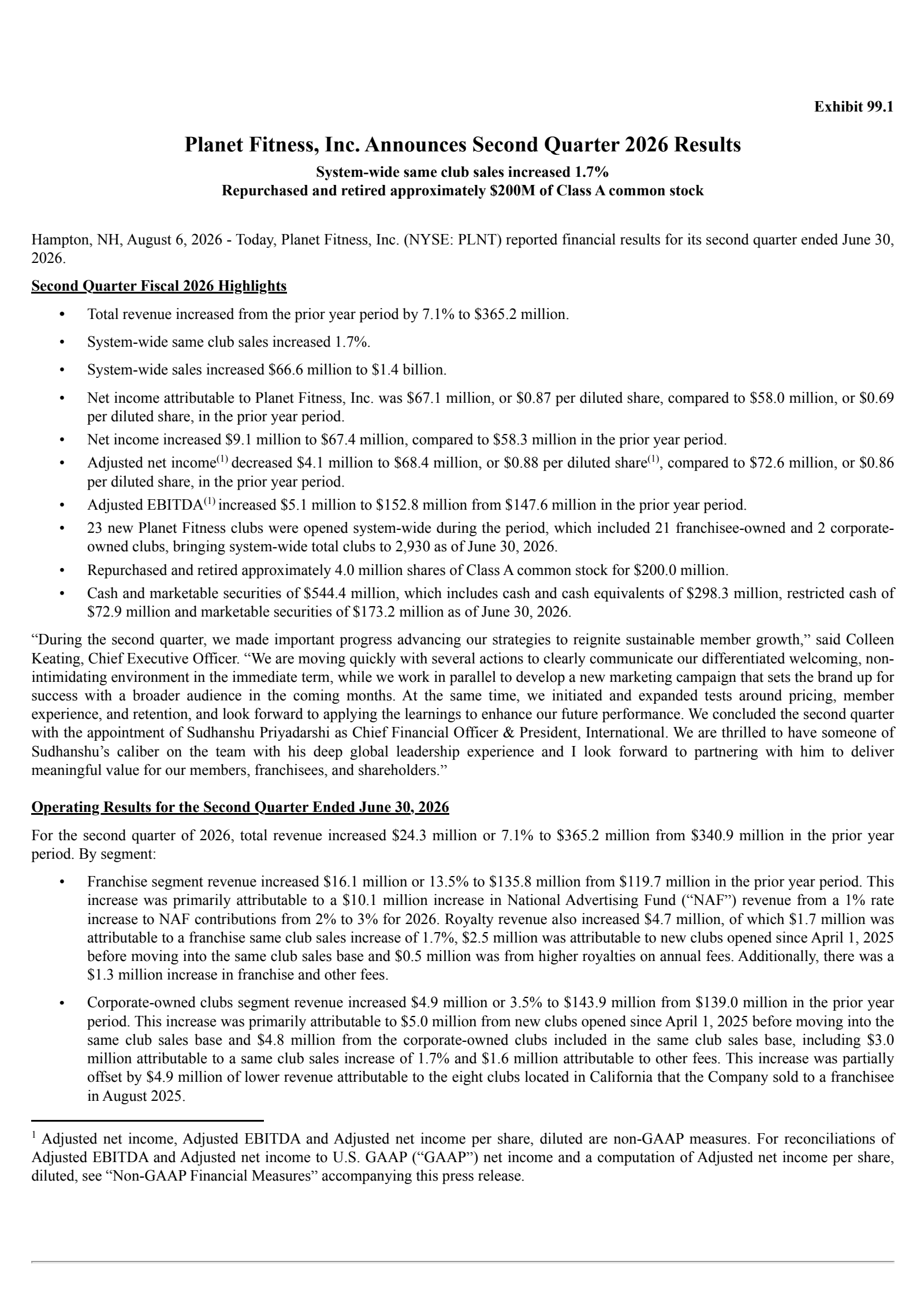 Planet Fitness' Q2 2026 Press Release
