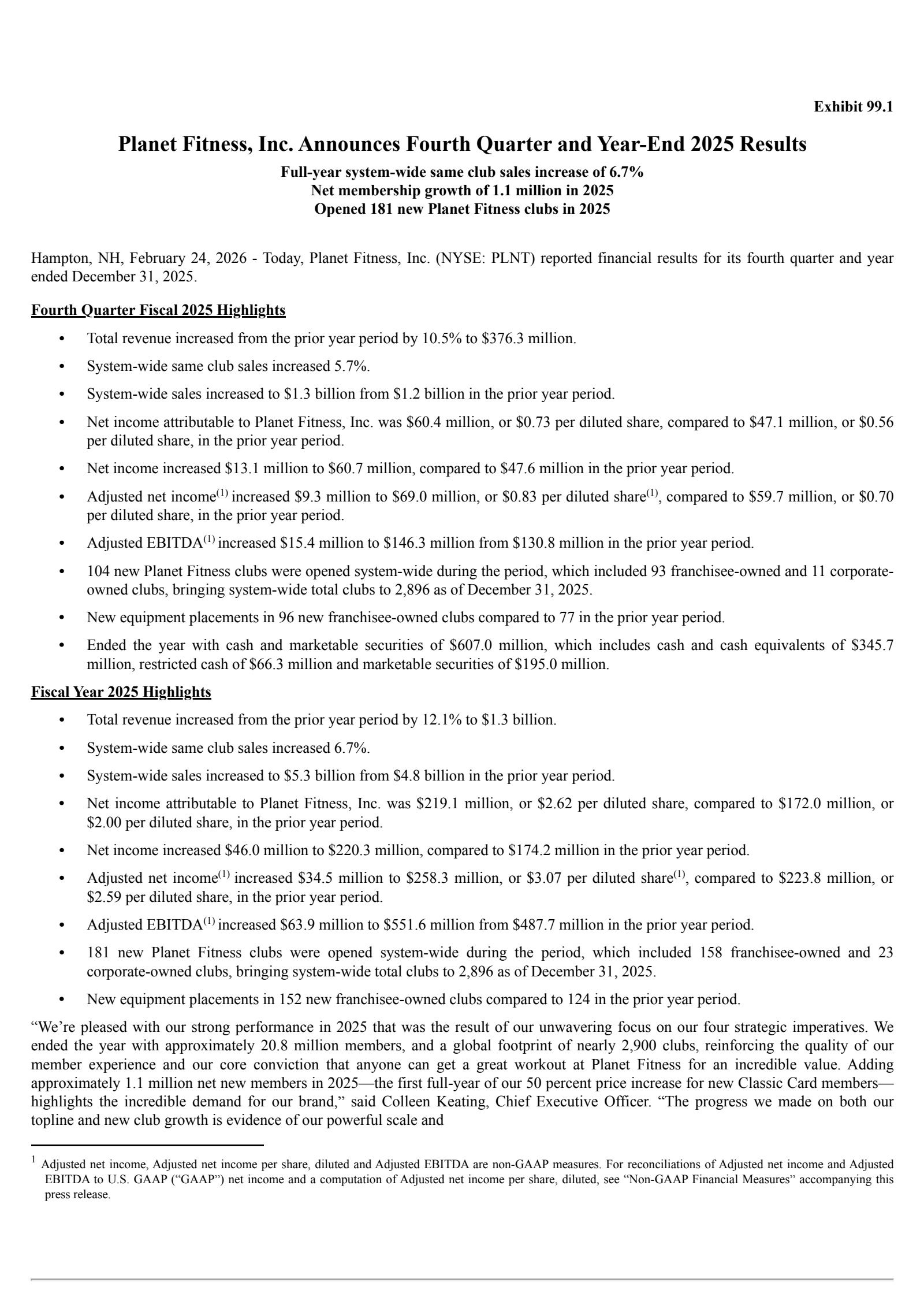 Planet Fitness' Q4 2025 Press Release