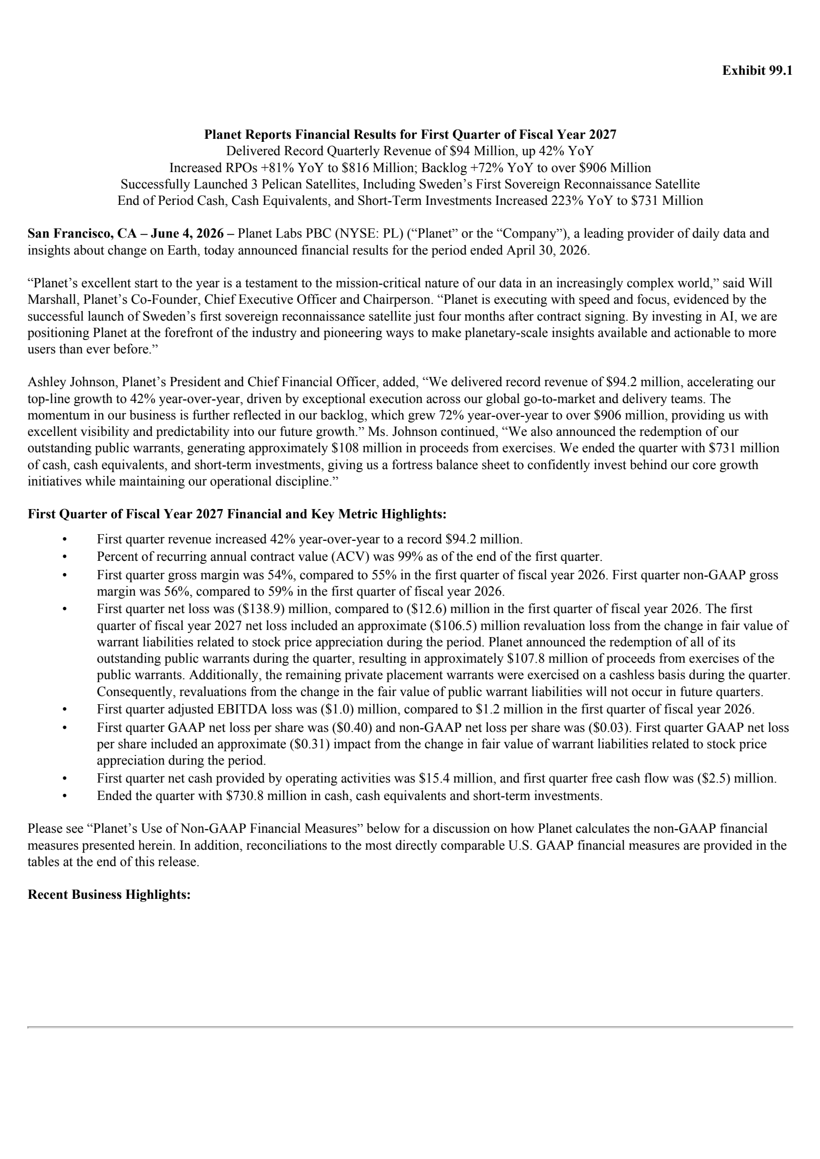 Planet Labs PBC's Q1 2027 Press Release