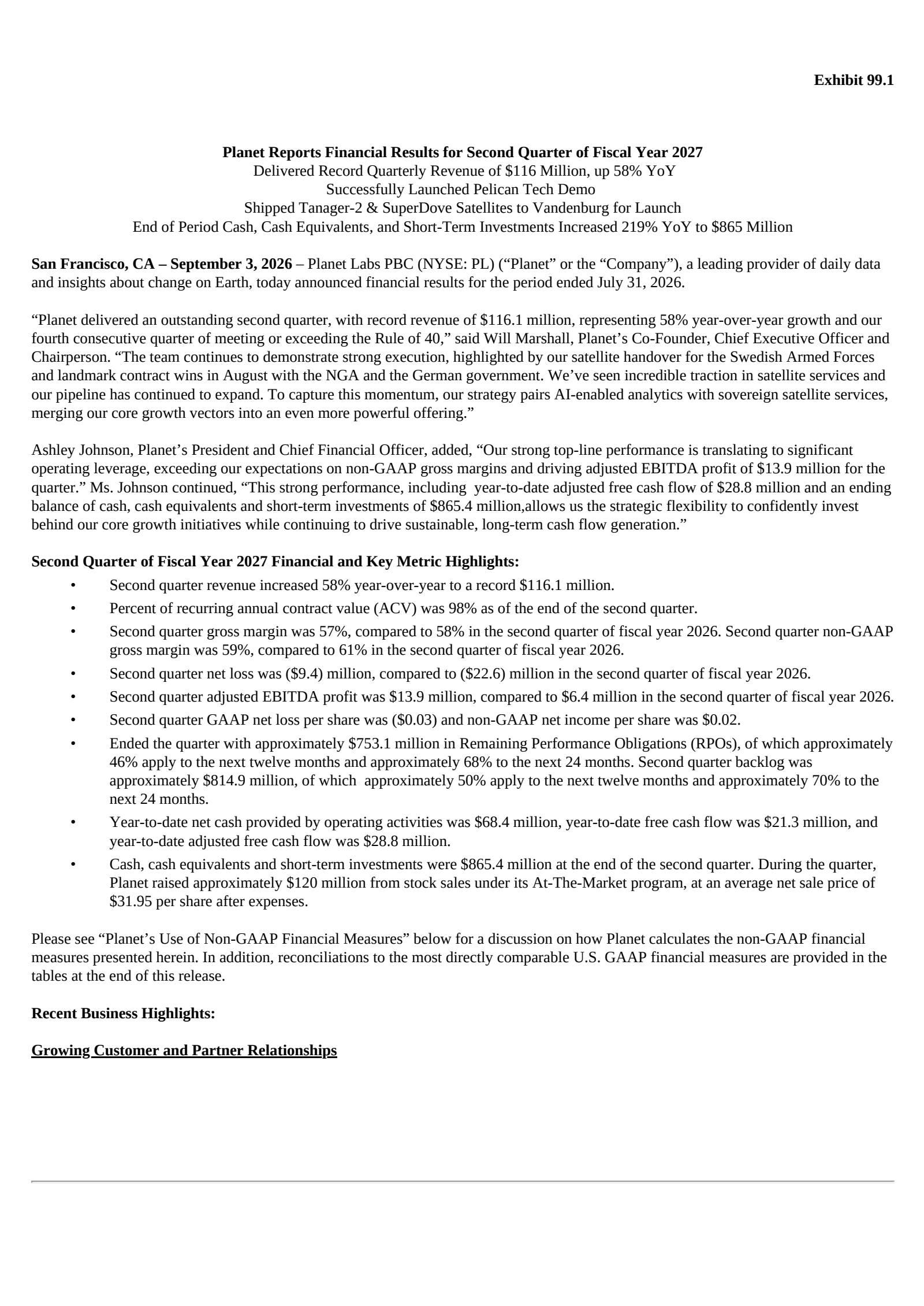 Planet Labs PBC's Q2 2027 Press Release
