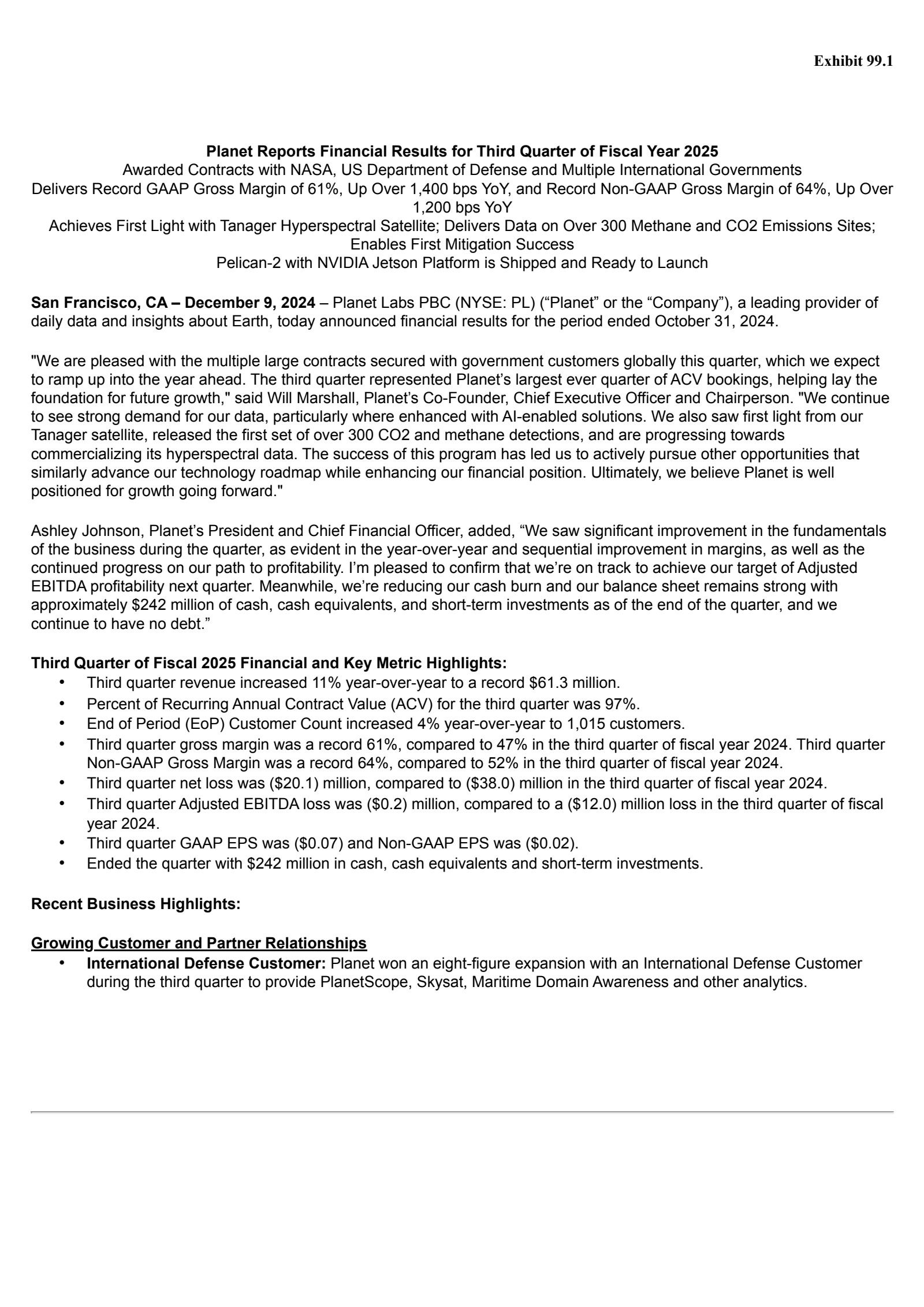 Planet Labs PBC's Q3 2025 Press Release