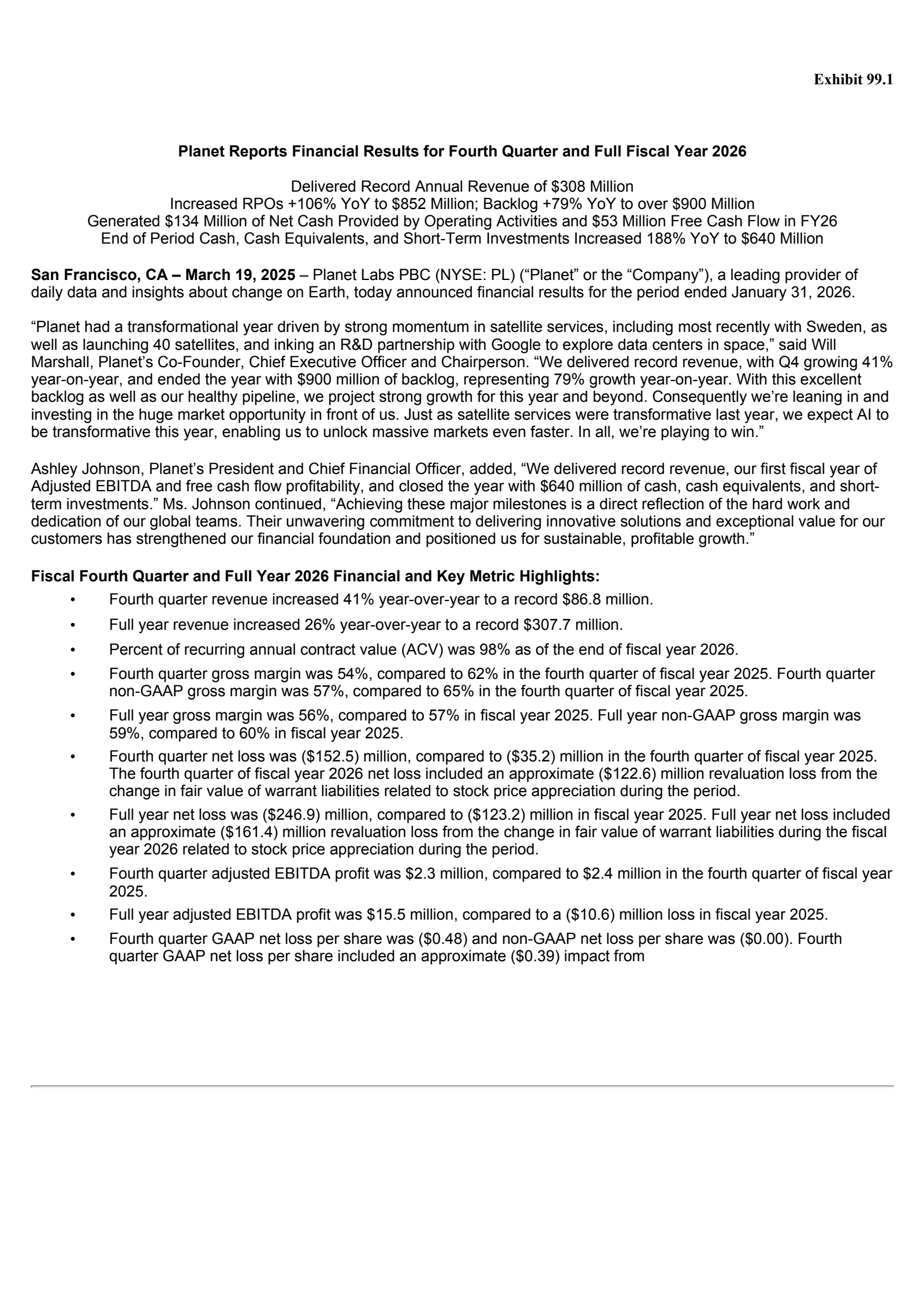 Planet Labs PBC's Q4 2026 Press Release