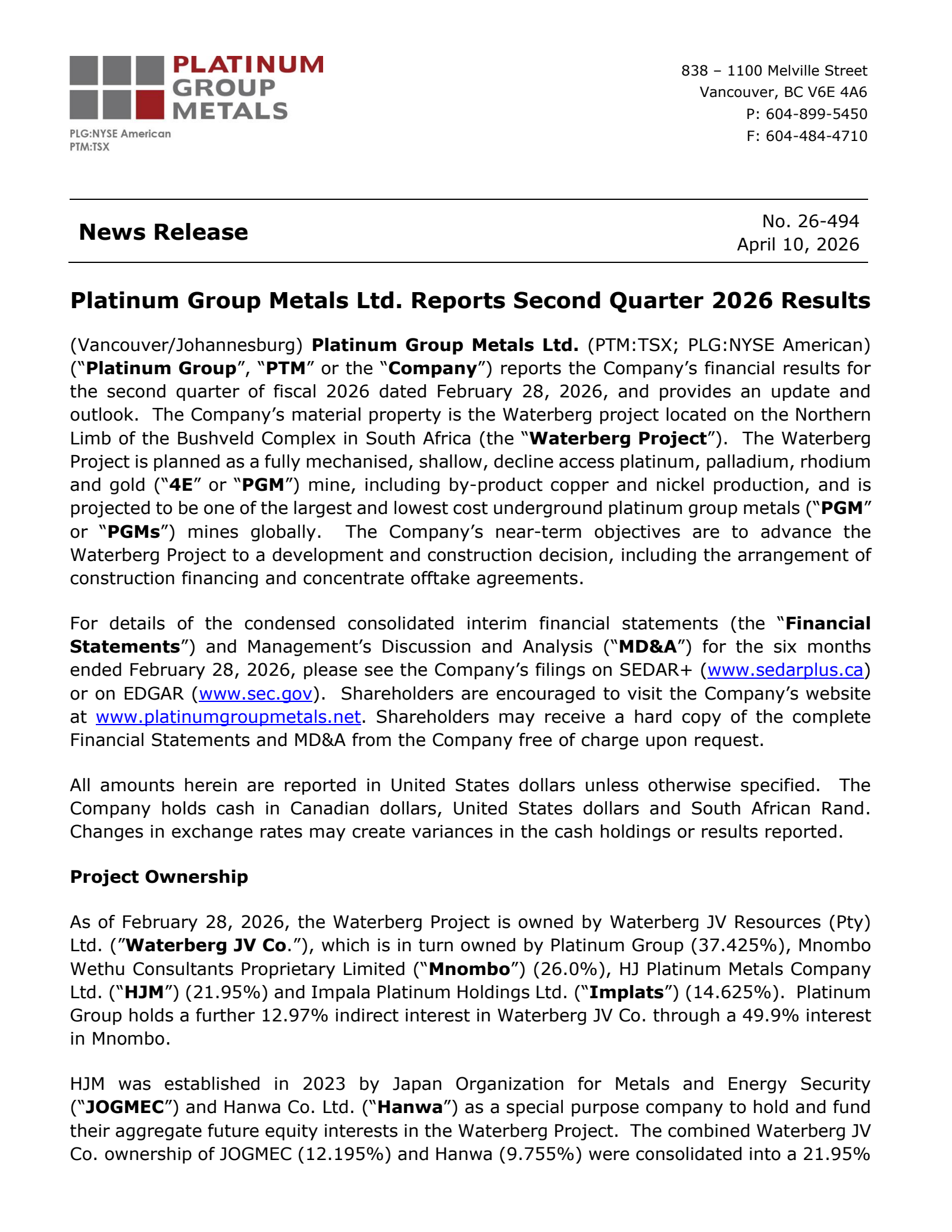 Platinum Group Metals' Q2 2026 Press Release