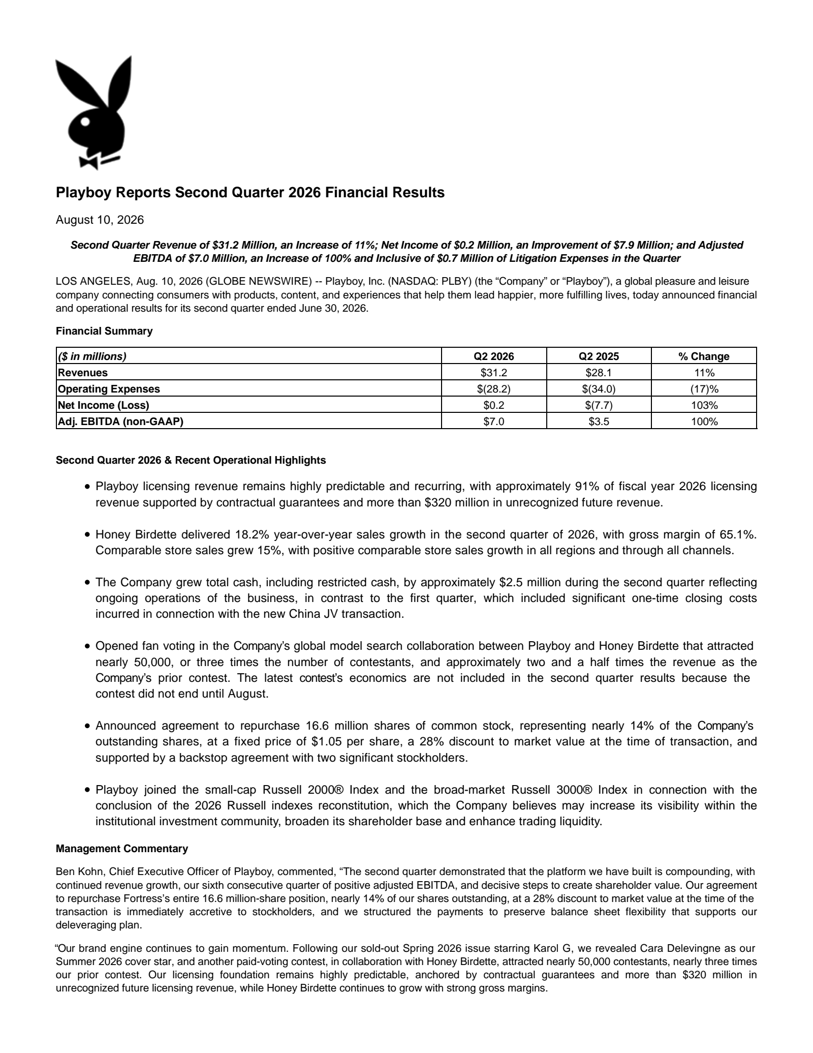 PLBY Group's Q2 2026 Press Release