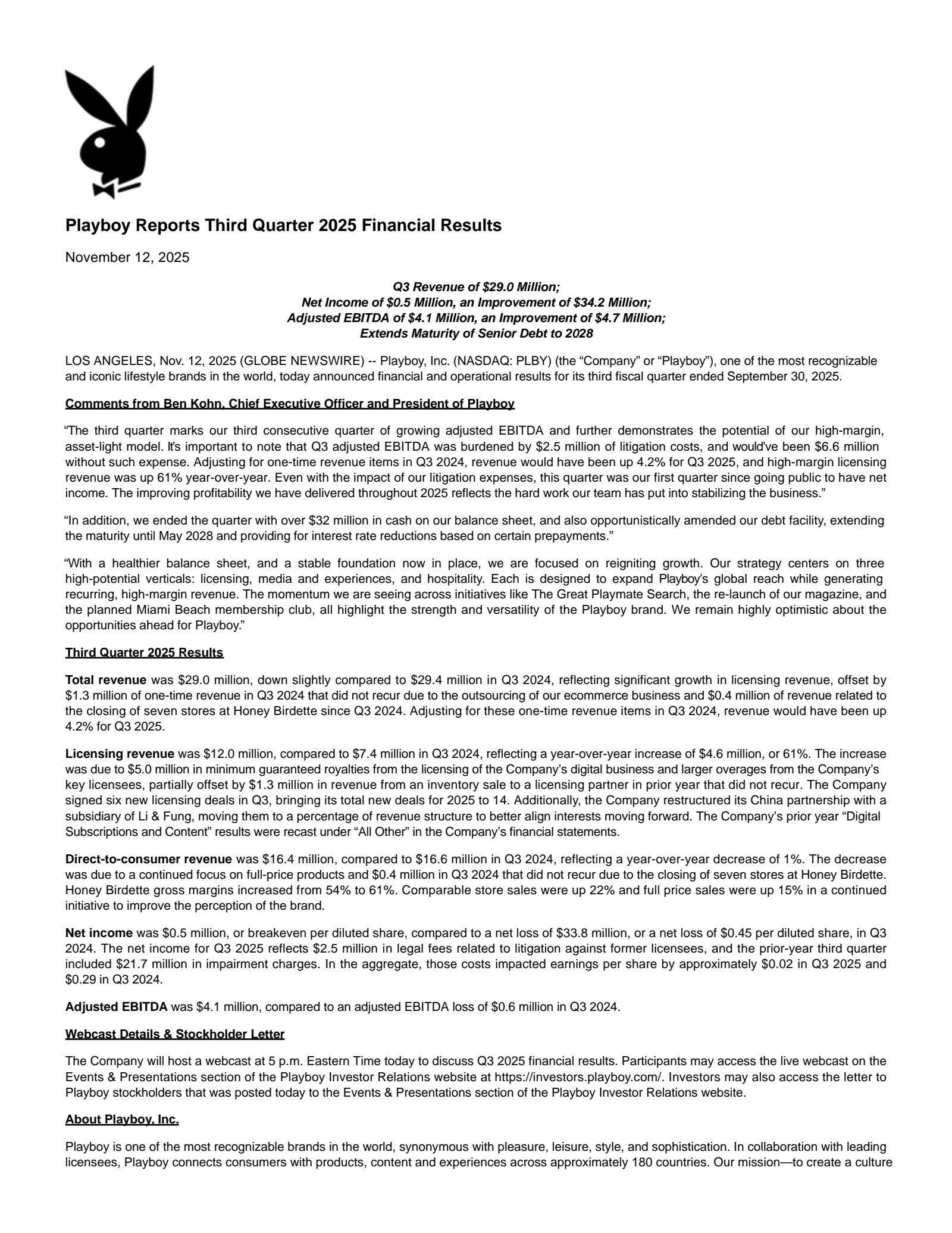 PLBY Group's Q3 2025 Earnings Release