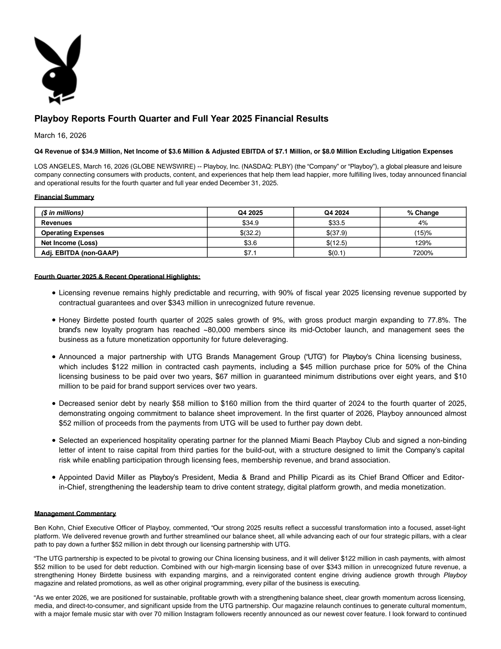 PLBY Group's Q4 2025 Press Release