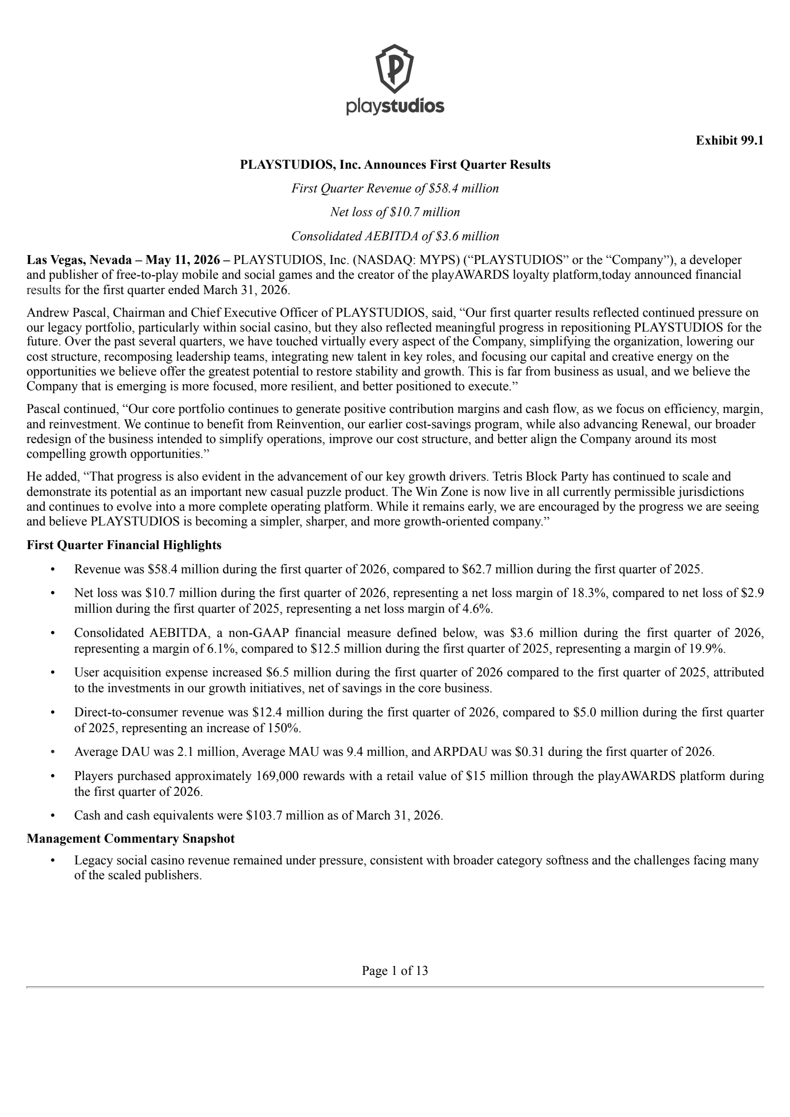PLAYSTUDIOS's Q1 2026 Press Release