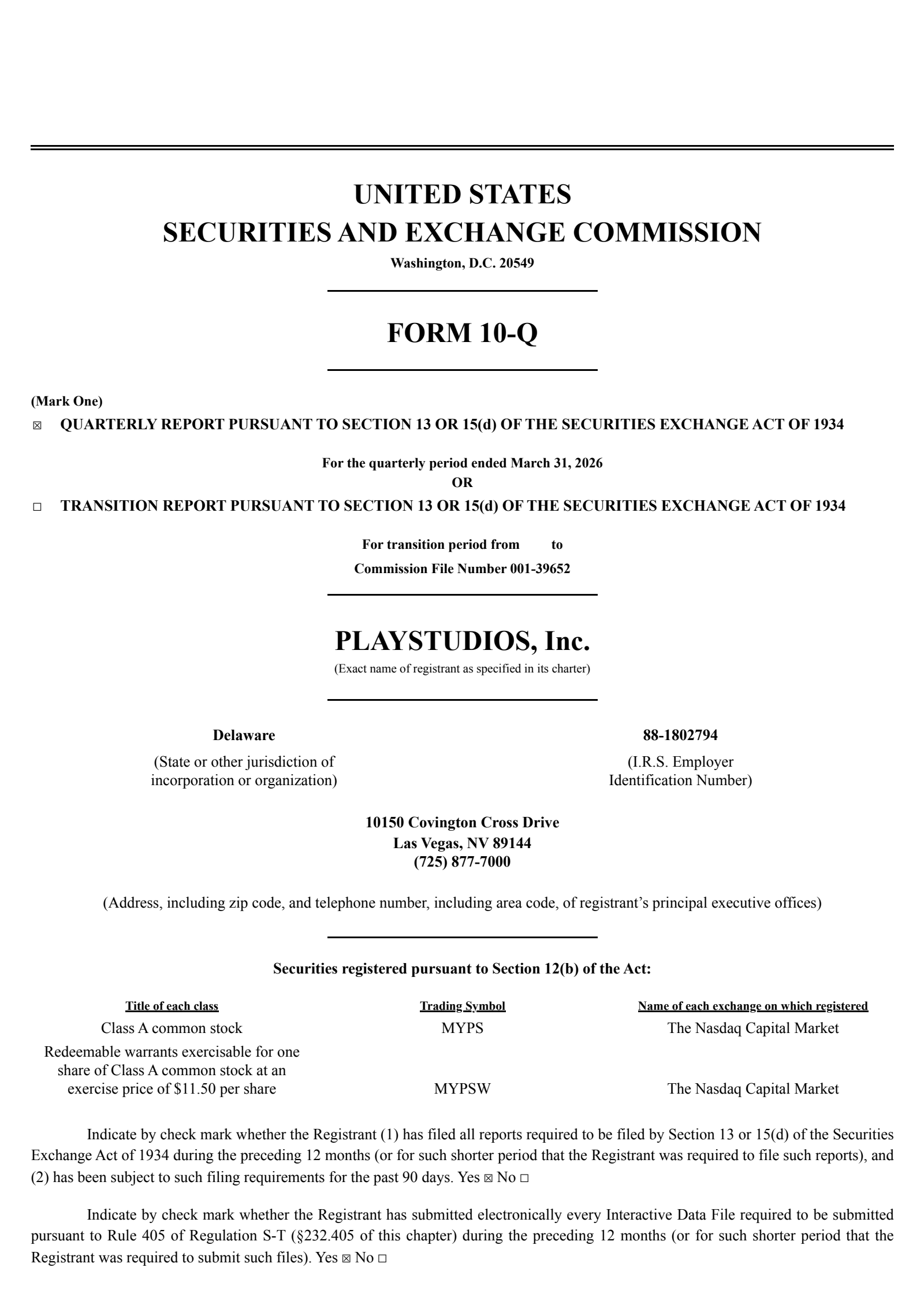 PLAYSTUDIOS's Q1 2026 Quarterly report