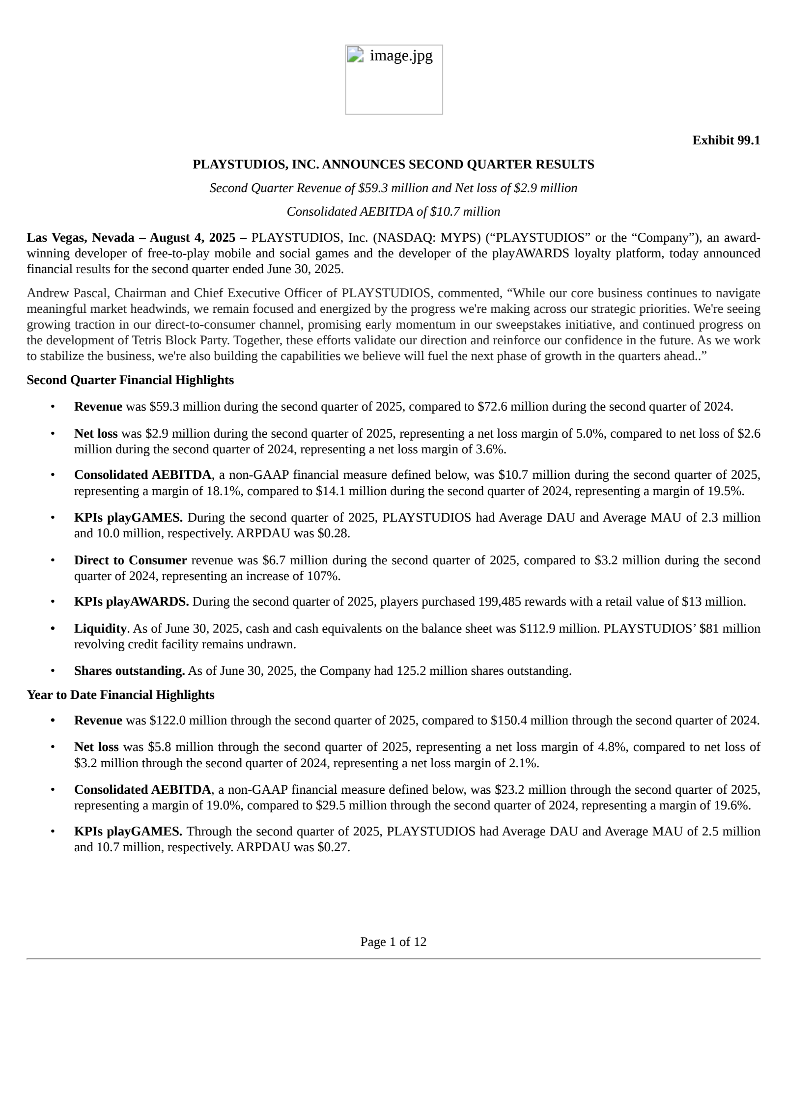 PLAYSTUDIOS's Q2 2025 Press Release