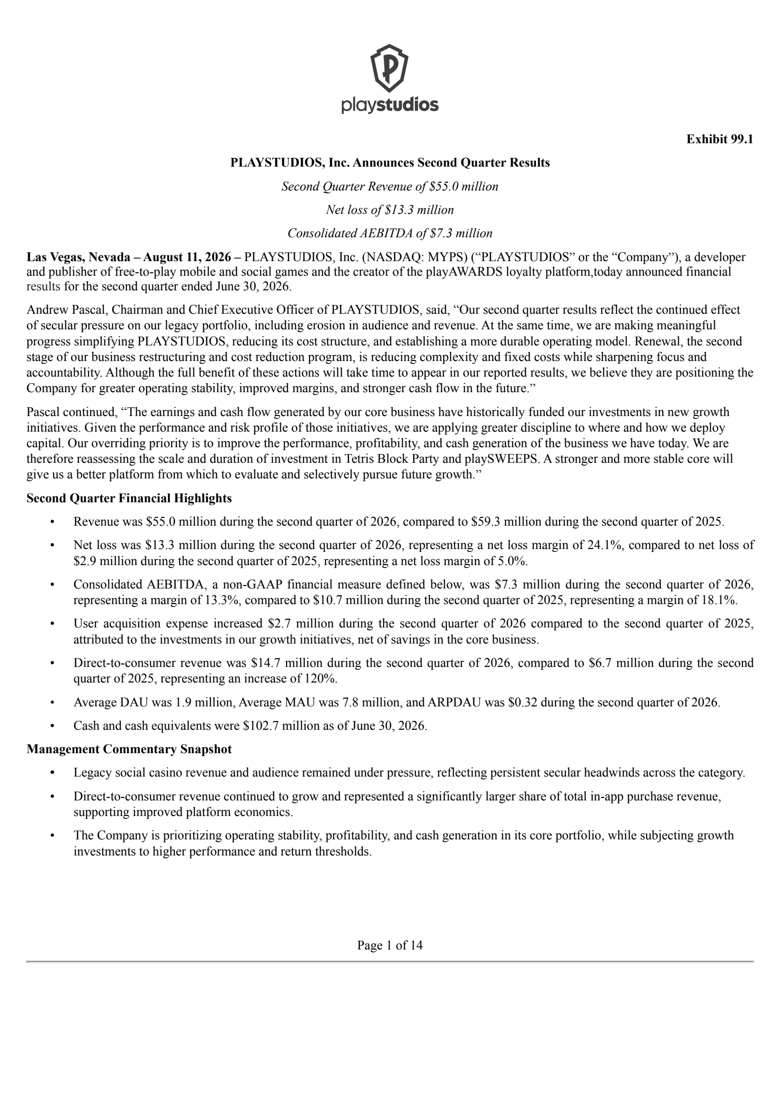 PLAYSTUDIOS's Q2 2026 Press Release
