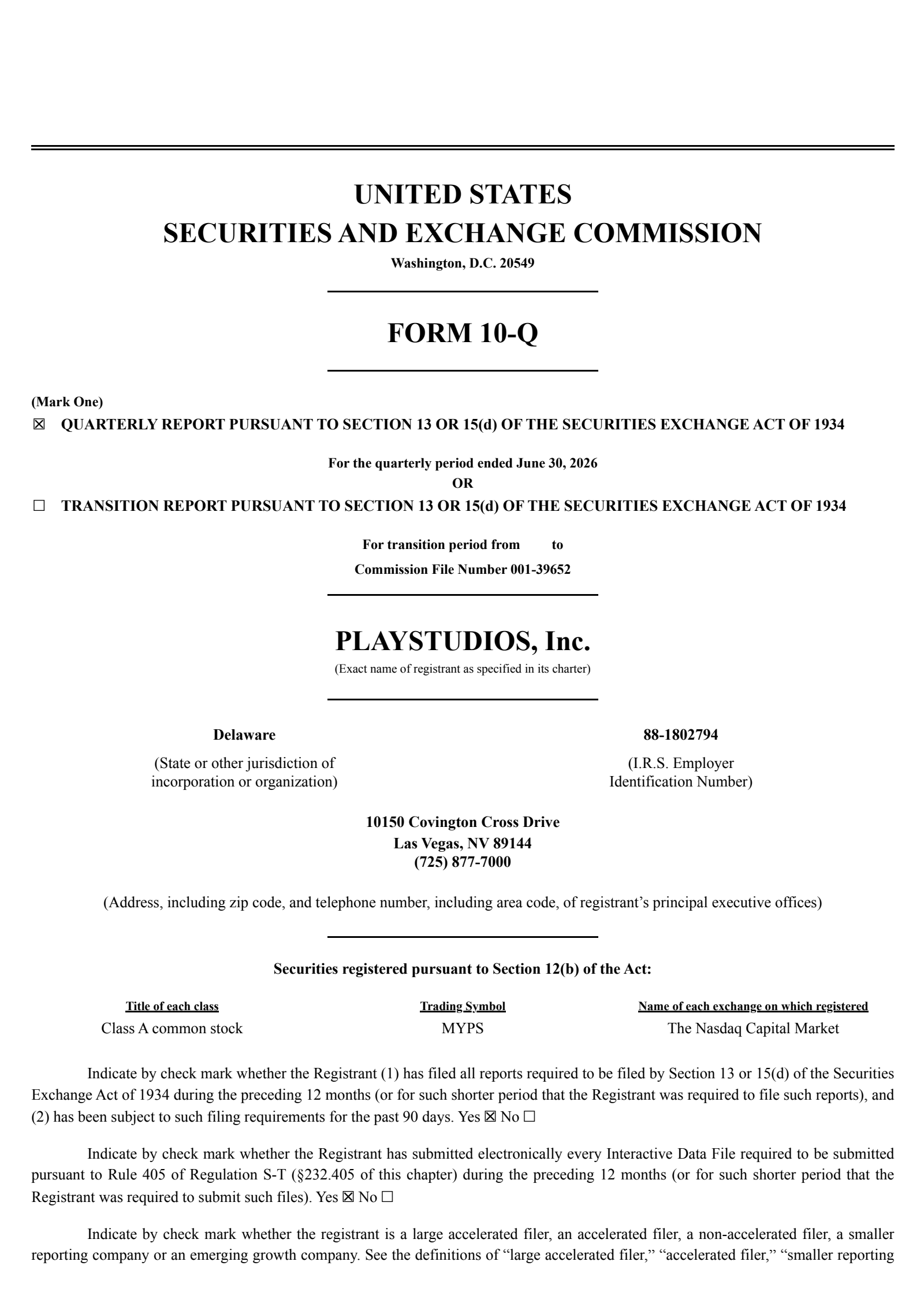 PLAYSTUDIOS's Q2 2026 Quarterly report