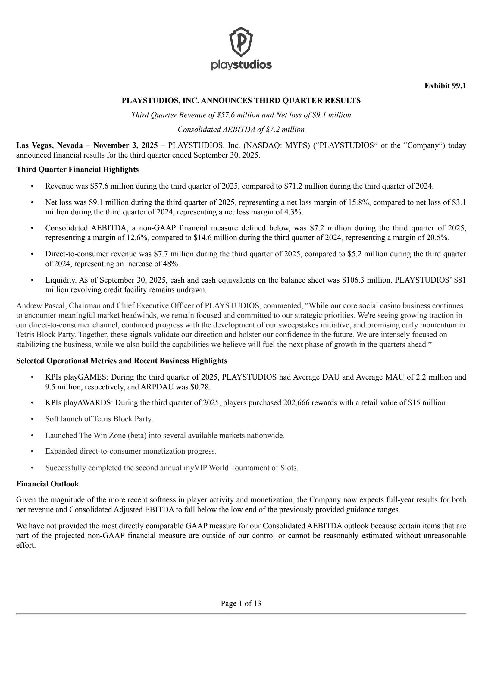 PLAYSTUDIOS's Q3 2025 Earnings Release