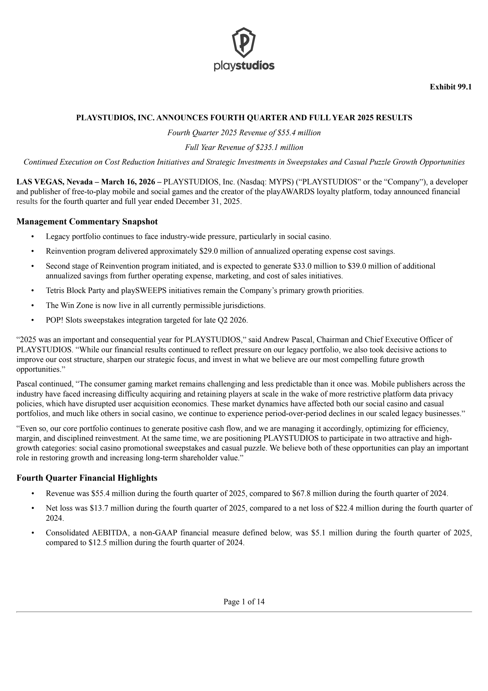 PLAYSTUDIOS's Q4 2025 Press Release