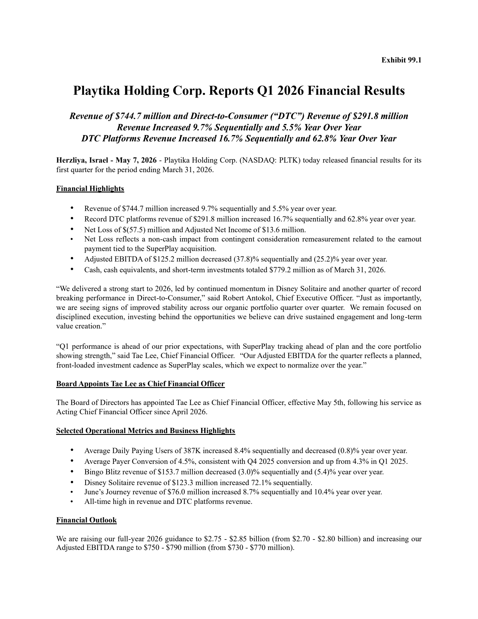 Playtika's Q1 2026 Press Release