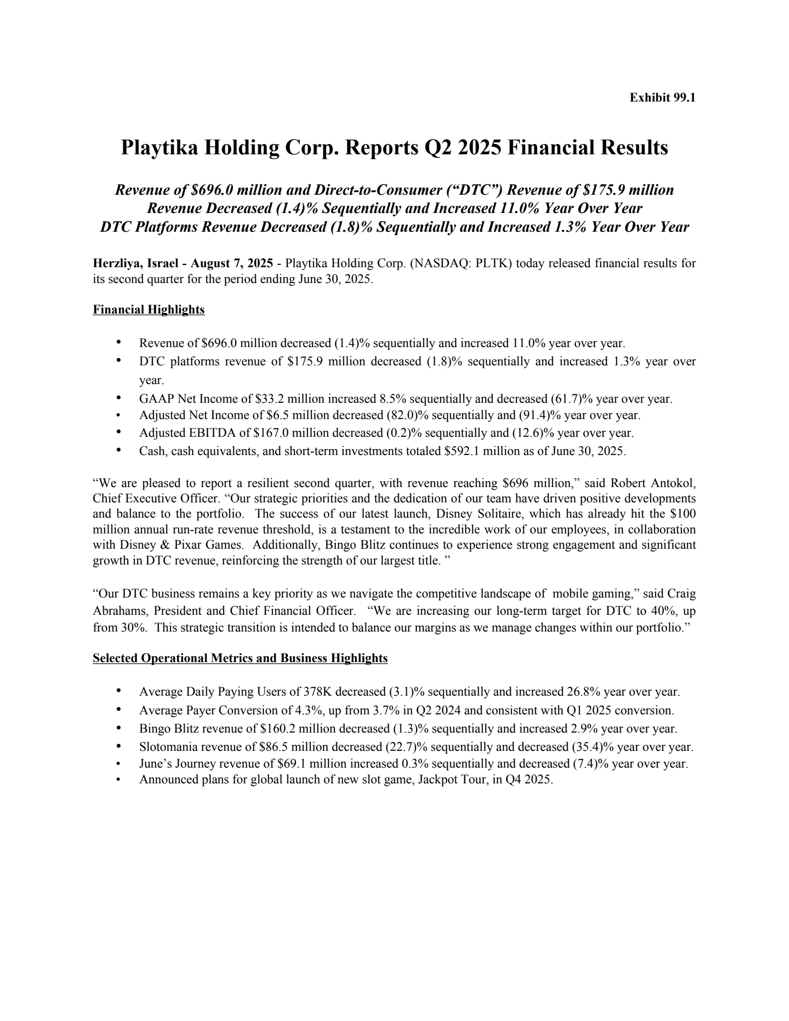 Playtika's Q2 2025 Press Release