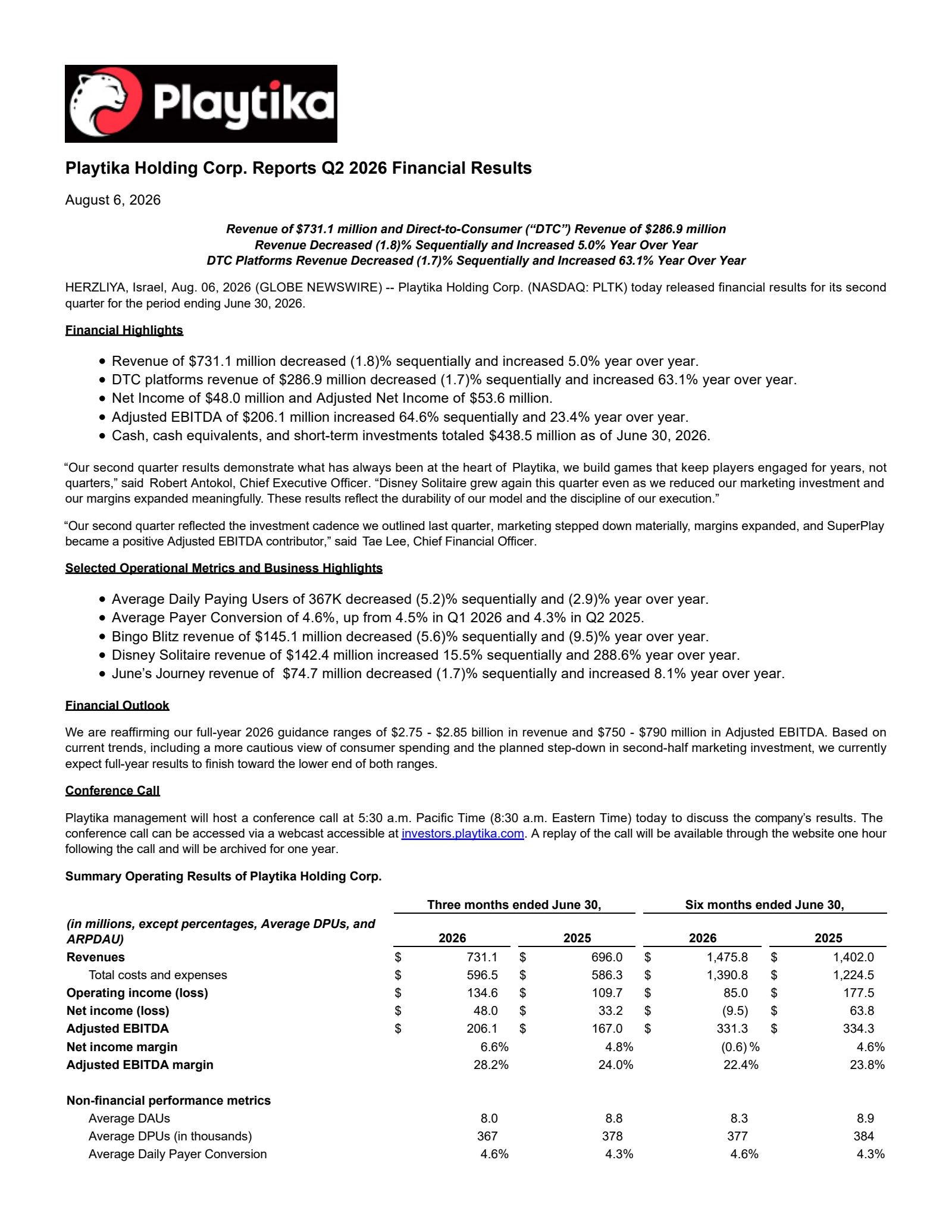 Playtika's Q2 2026 Press Release