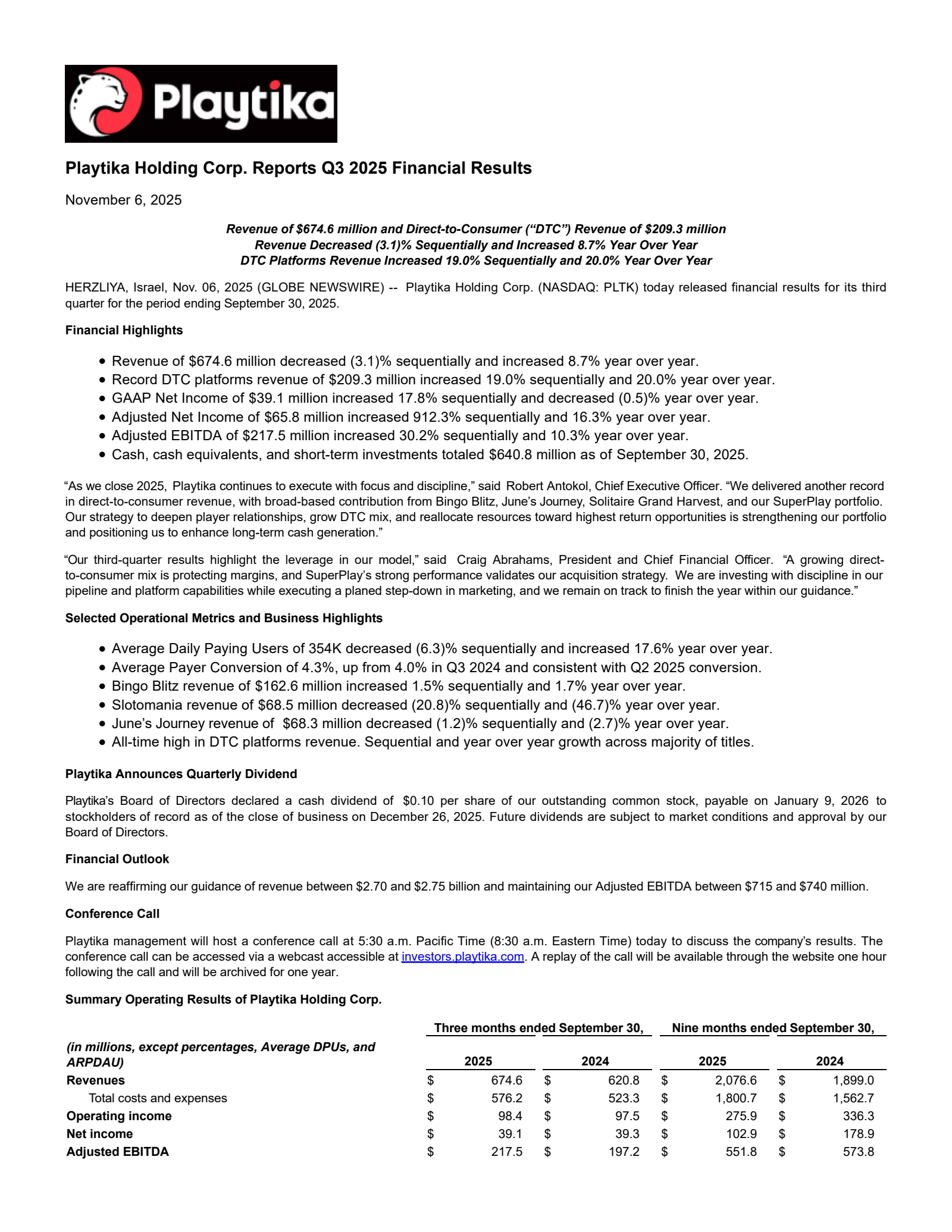 Playtika's Q3 2025 Earnings Release