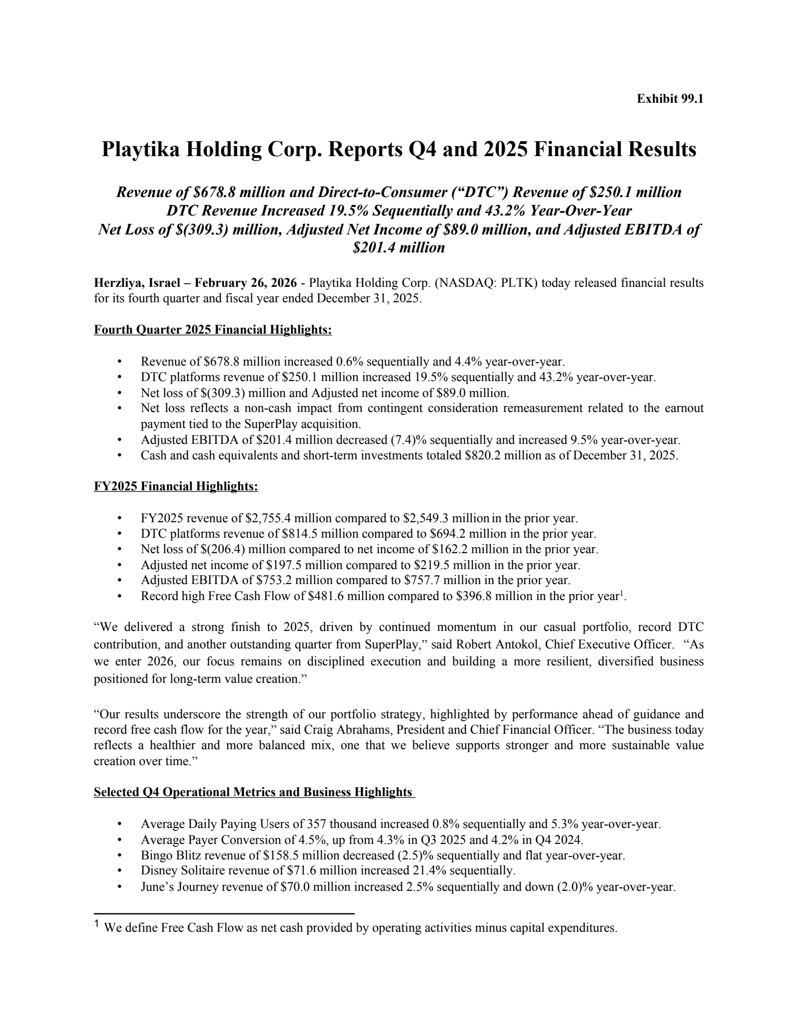 Playtika's Q4 2025 Press Release
