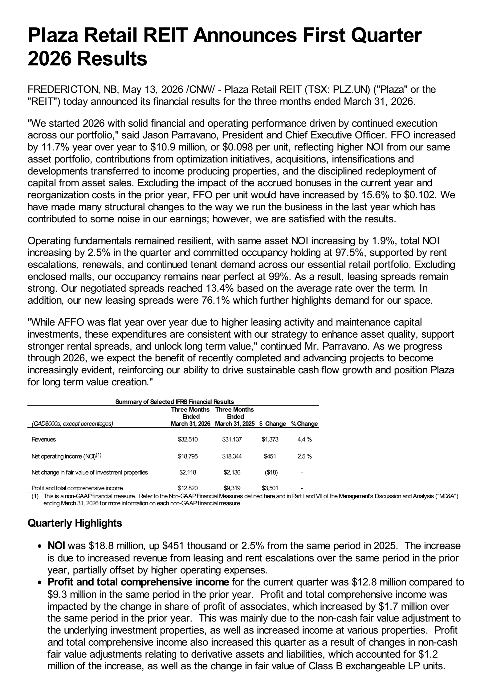 Plaza Retail REIT's Q1 2026 Press Release