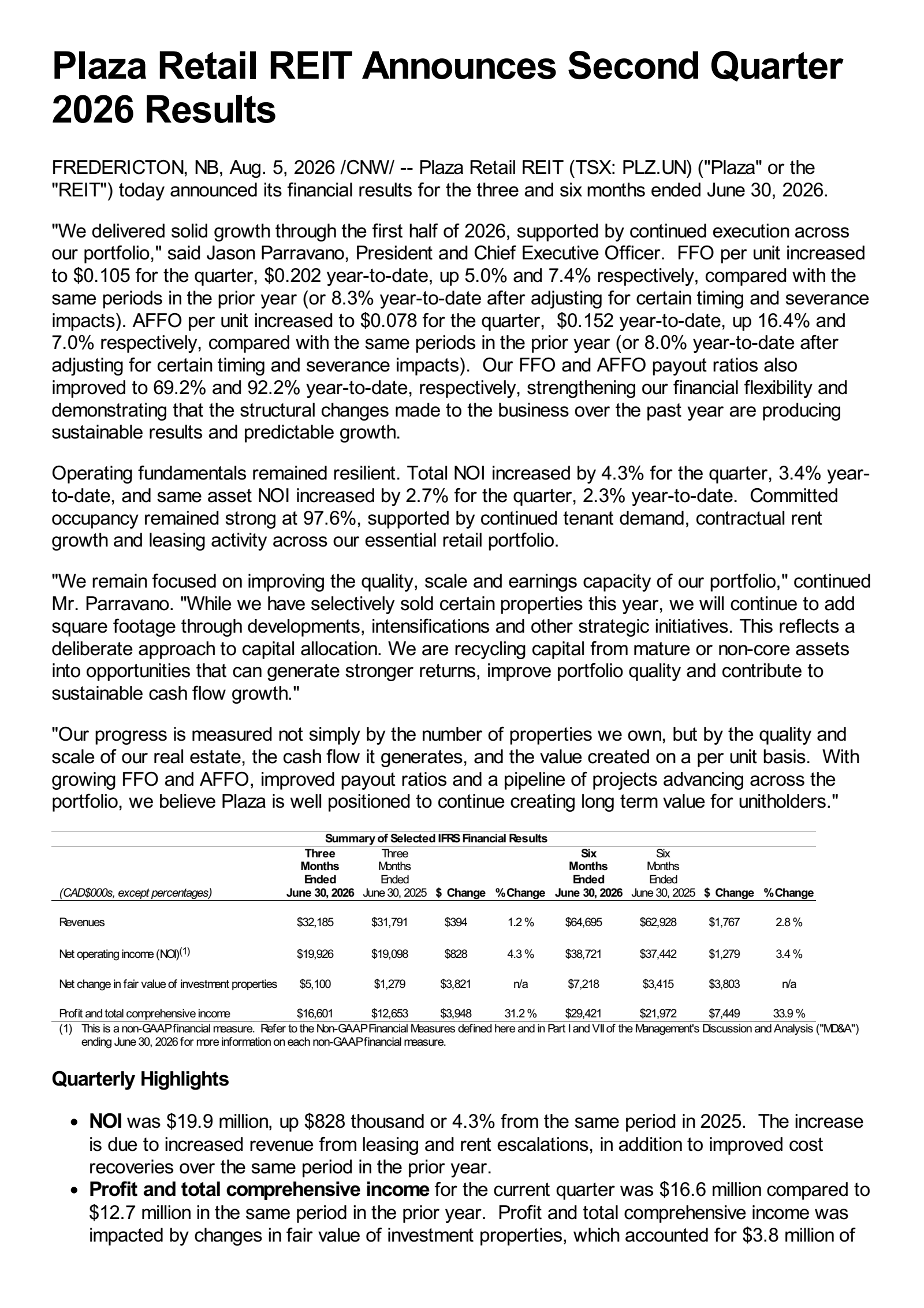 Plaza Retail REIT's Q2 2026 Press Release
