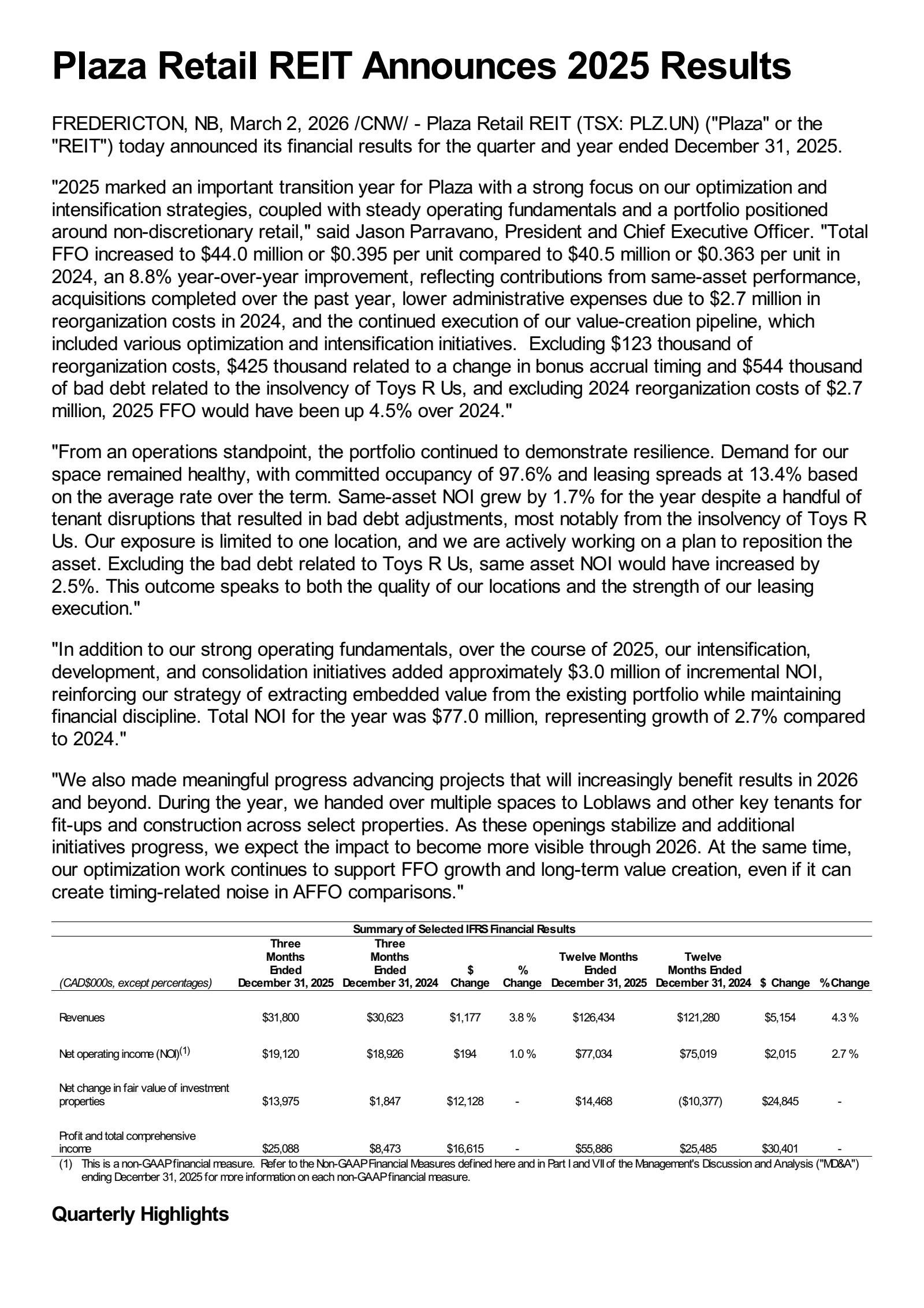 Plaza Retail REIT's Q4 2025 Press Release