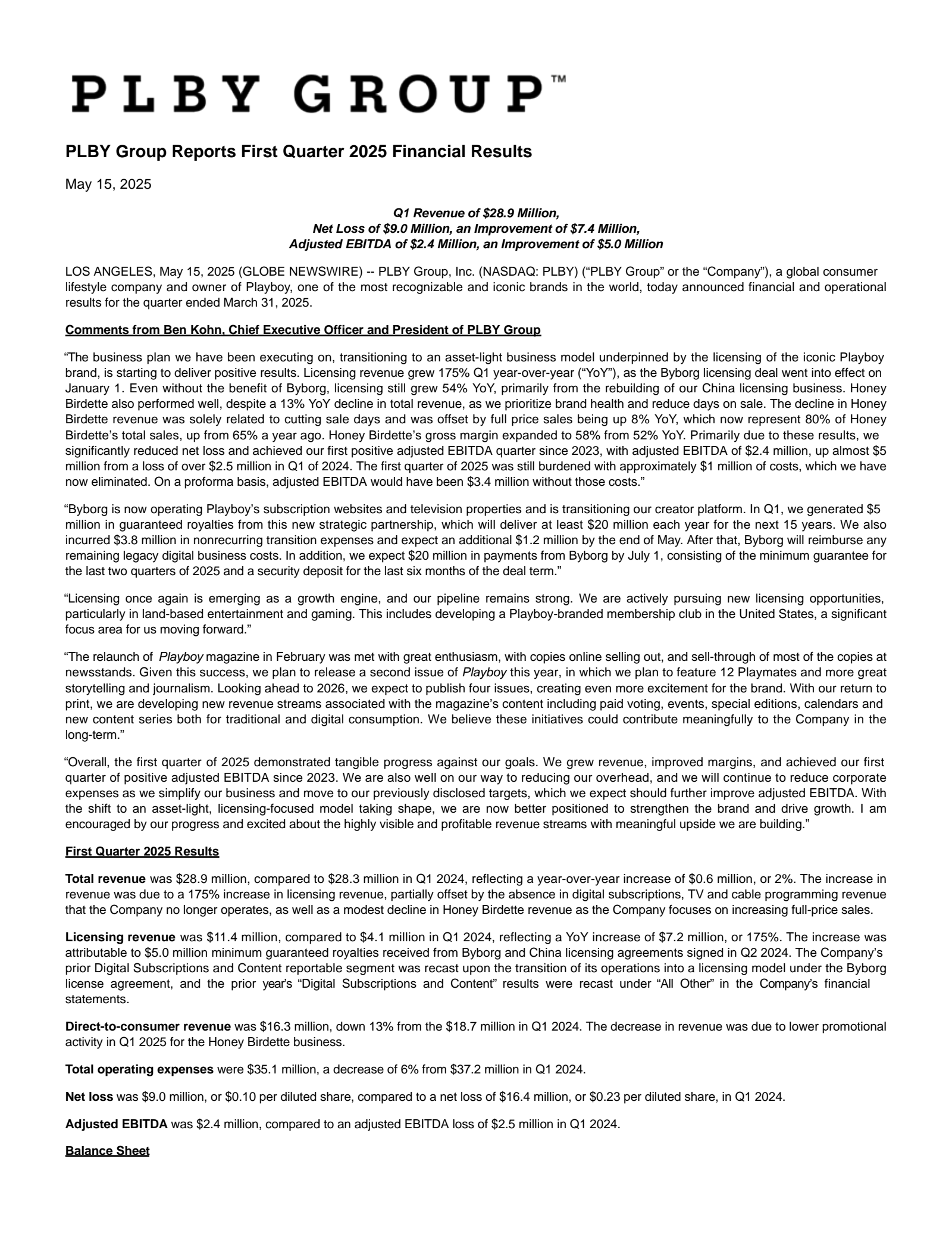 PLBY Group's Q1 2025 Press Release