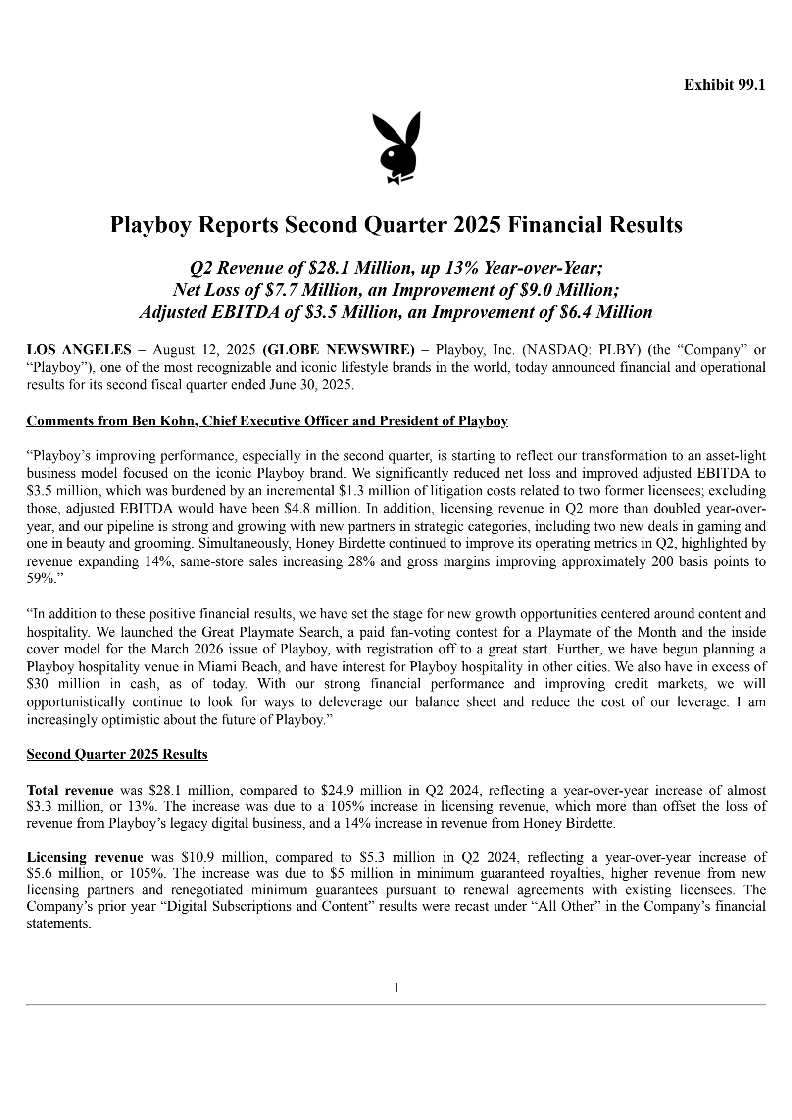 PLBY Group's Q2 2025 Press Release