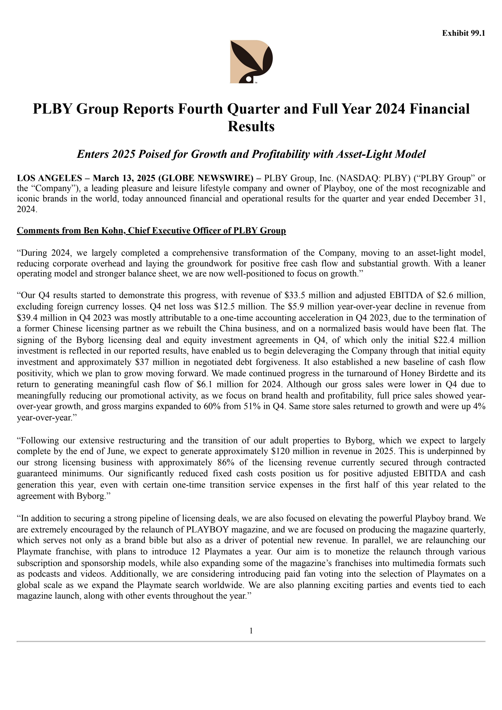 PLBY Group's Q4 2024 Press Release
